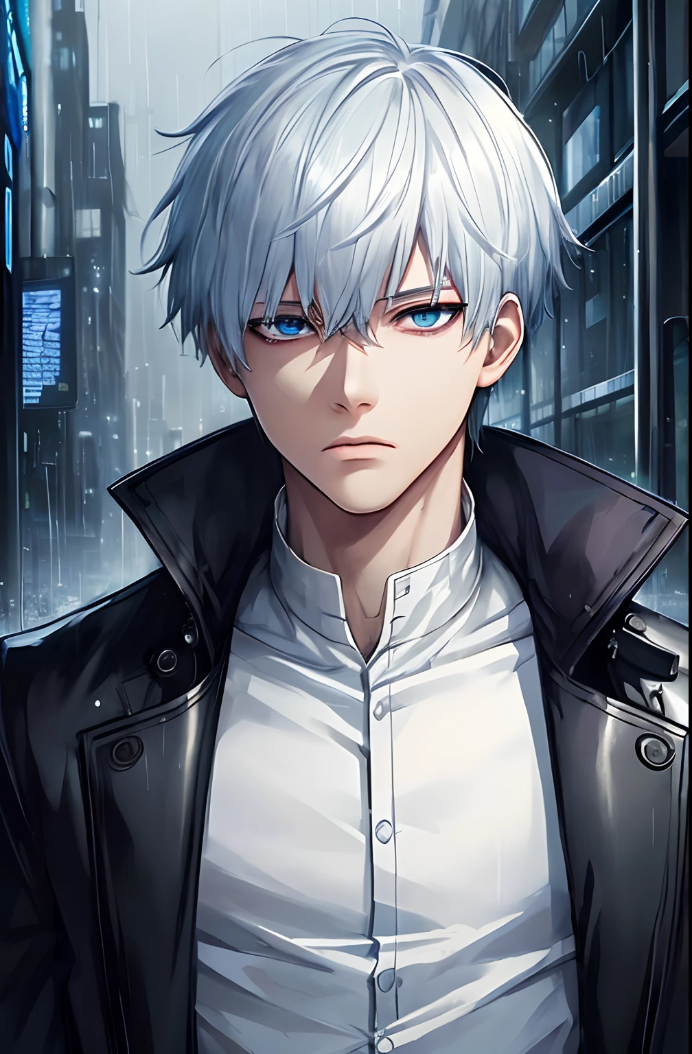 best quality, more details, masterpiece, 1boy, kaneki ken, portrait, male focus, blue eyes, solo,  short hair, rain, cyberpunk City, white hair, luxurious, 8k, detailed,