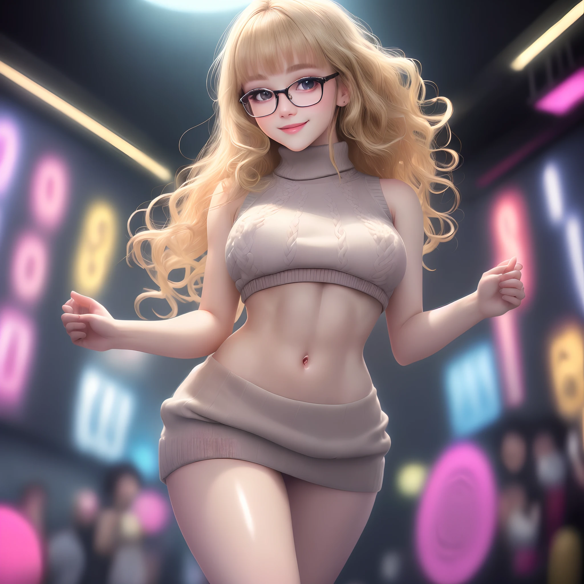 (masterpiece:1.3), high resolution, ultra detailed, extremely detailed CG unity 8k wallpaper, realistic, photo-realistic, RAW photo, beautiful detailed face, pale skin, realistic glistening skin, detailed cloth texture, detailed hair texture, Perfect body, Beautiful Face, accurate, Anatomically correct, Highly detailed face and skin texture, natural neck length, (beautiful hands), (fair skin:1.2), Thin legs, Thin feet,
BREAK,
Detailed eyes, symmetric eyes, Light Brown eyes, Double eyelids, Thin eyebrows, (Glossy lips:1.4), (gently smile:1.2),
BREAK,
(nsfw:1.2), (A Classy and Cute girl:1.3), (1 girl, one girl), ((wearing a sleeveless high neck midriff sweater:1.3)), (White pleated mini skirt), (long boots), (wearing glasses:1.1),
(medium large breasts, slender figure, firm abs, firm breasts:1.2), beautiful clavicle,
(blonde hair, wavy hair, long hair:1.3), ((asymmetrical bangs:1.2)),
BREAK,
((dancing with Seductive pose in the Disco at Roppongi in Japan:1.3)), (((Very dim lighting, Colorful neon lights))), (From below:1.2), (looking down at viewer:1.2), ((Focus on face:1.2)), (Full body shot:1.2),