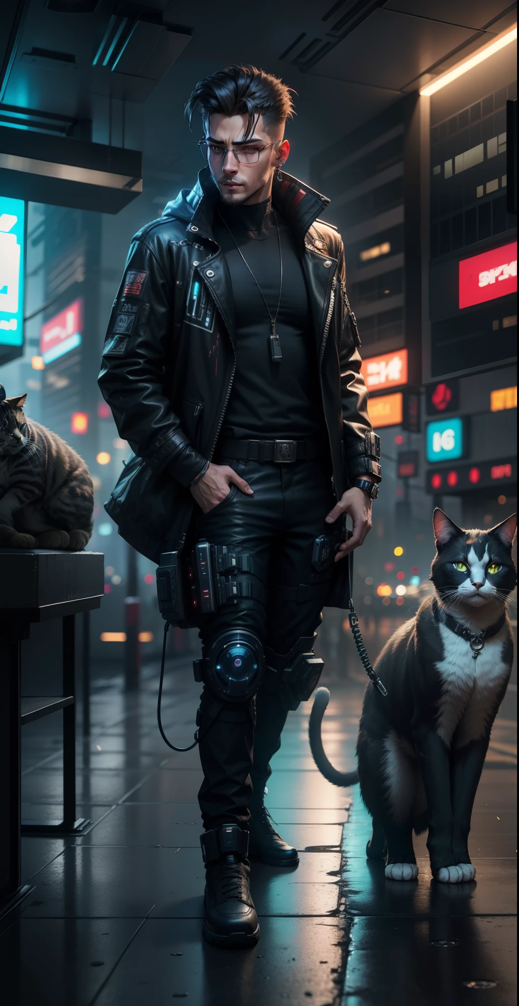 cyberpunk handsome boy, realistic face,8k, ultra realistic,with cat