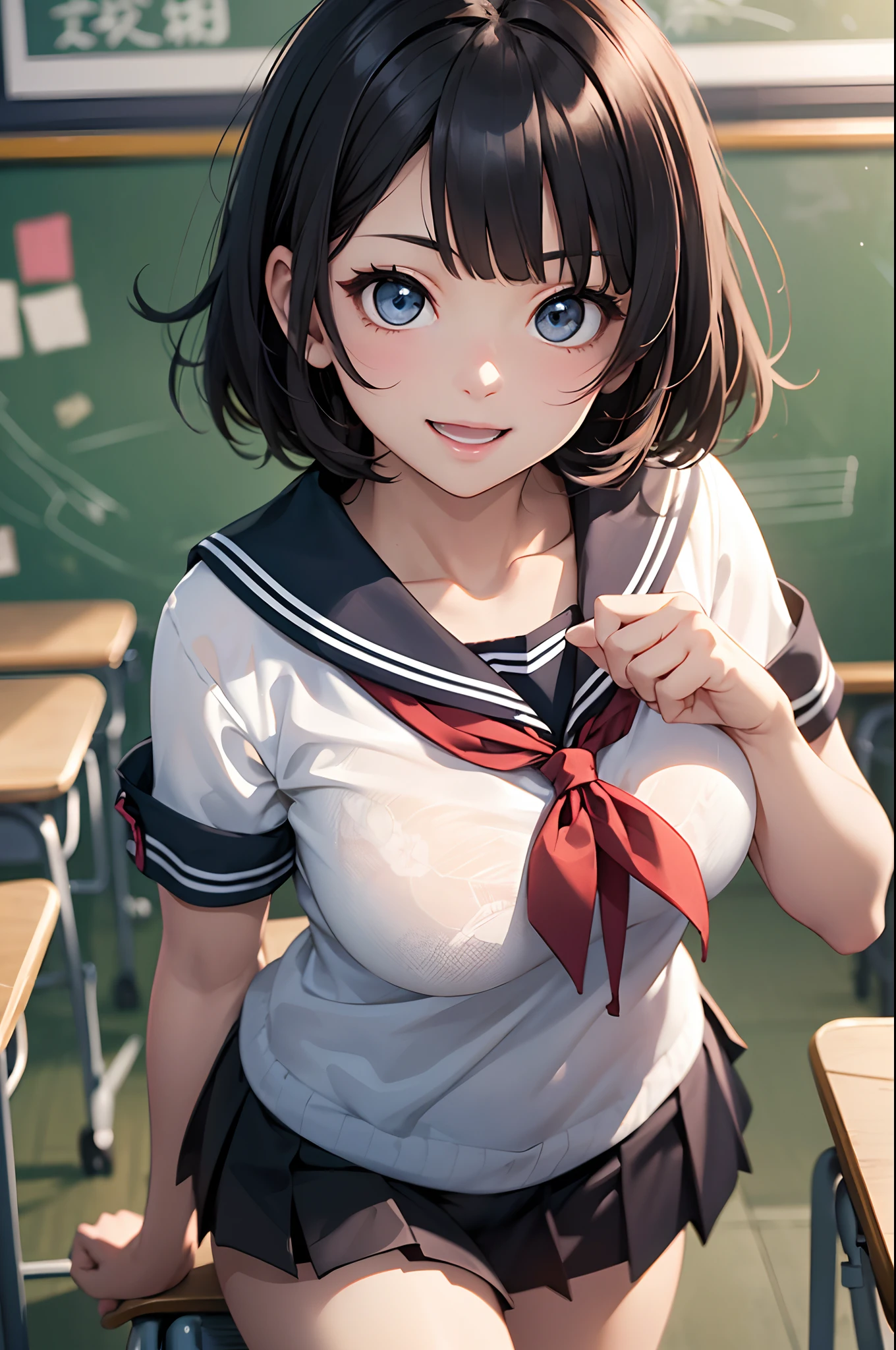 (top-quality、in 8K、32K、masterpiece、nffsw、超A high resolution、Impresionismo、Photorealsitic:1.2)、Angle from above、High angle、Colossal tits、cowboy shot, detailed faces and eyes、 Inside the classroom、Schools、Evening glow、beauitful face、blurry backround、-yeld beiful girl、shinny skin、short-hair、Beautiful black hair、Blunt bangs、Red Eye、(Katyusha:1.2)、a sailor suit、Pleated miniskirt、Curve、Stand on one knee、(I can see panties:1.2)、Smile with open mouth、Opening legs、