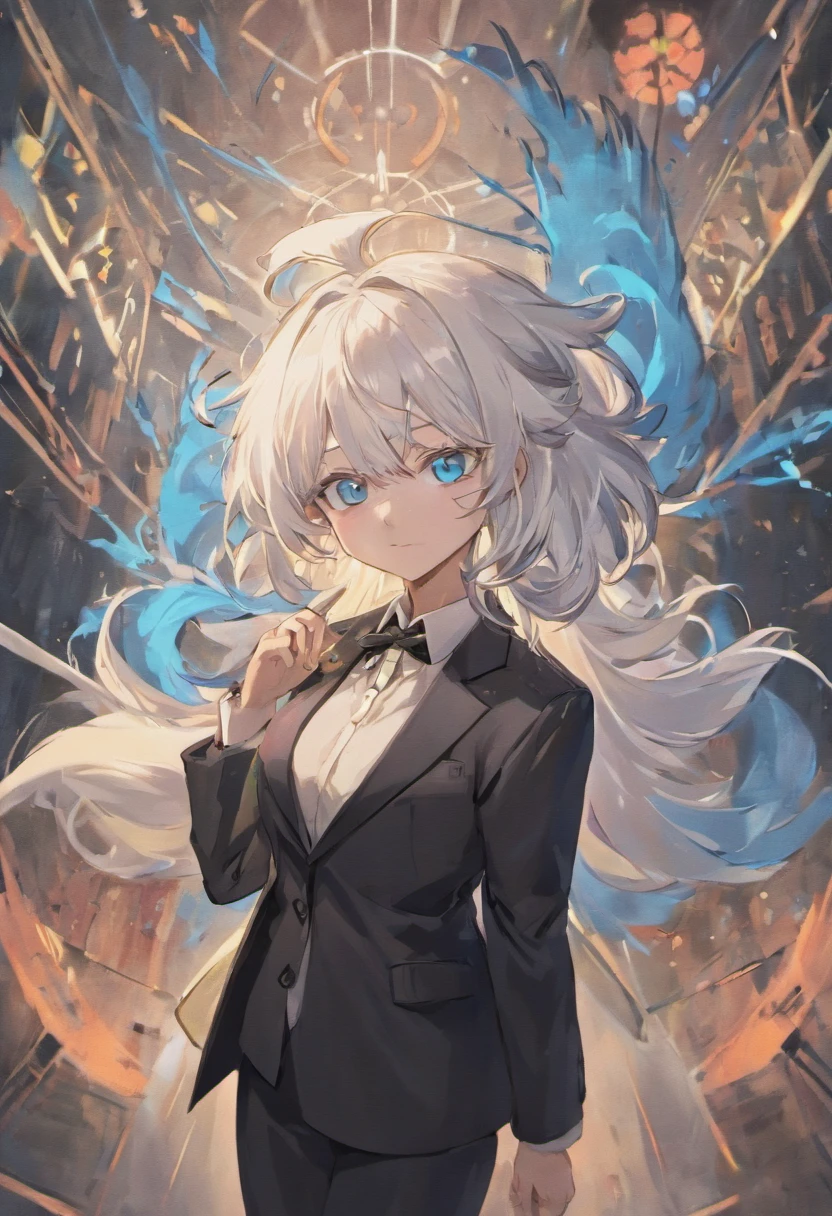 anime character with white hair and a black jacket and tie, ((detailed blue eyes)) white - haired fox, white fox anime, vampire white fox, white fox ears, white fox, yee chong silverfox, white haired deity, three - tailed fox, detailed anime character art, from arknights, white haired, anime character, male anime character, nyaruko-san