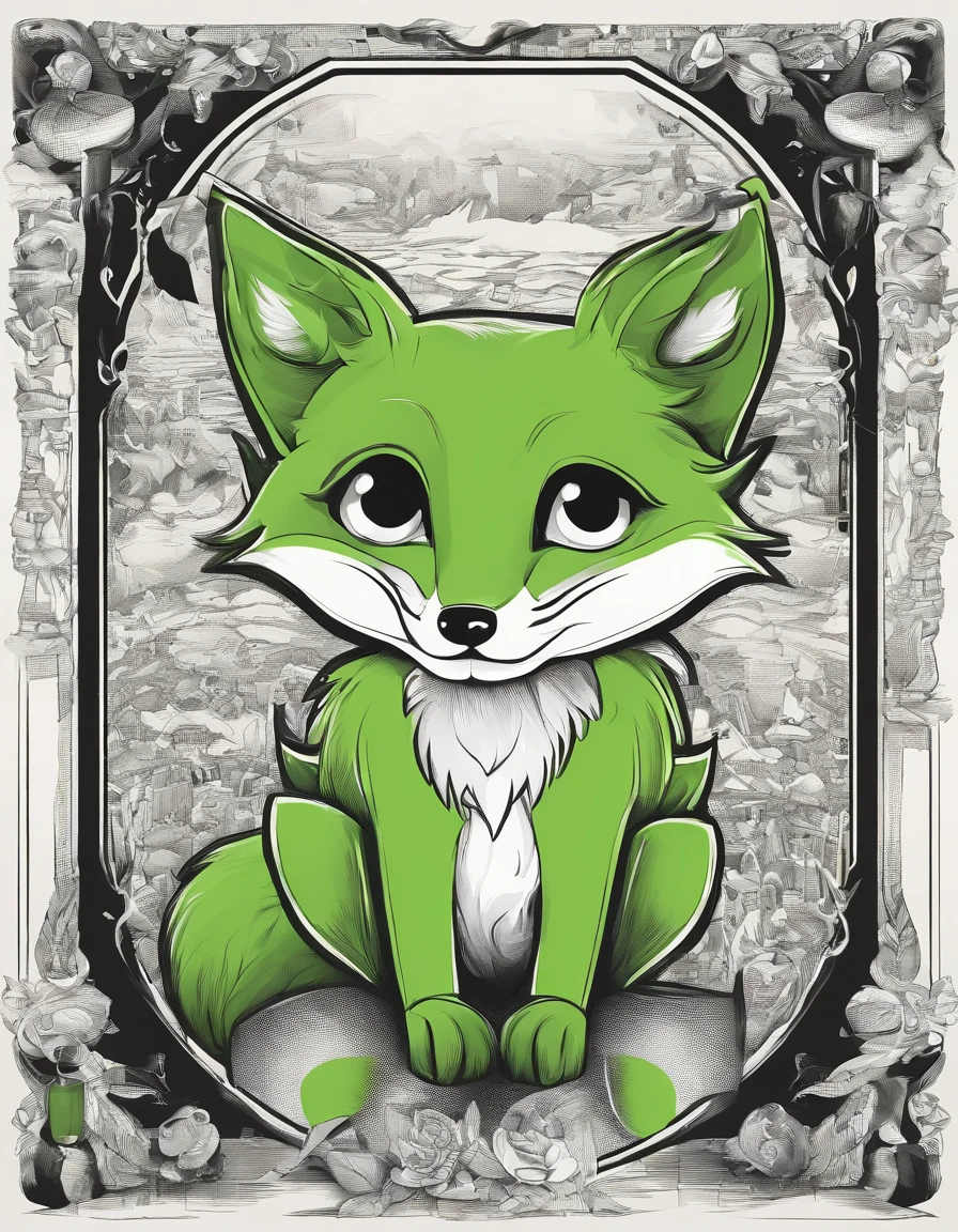 cute green fox in a black and white world, contrast,