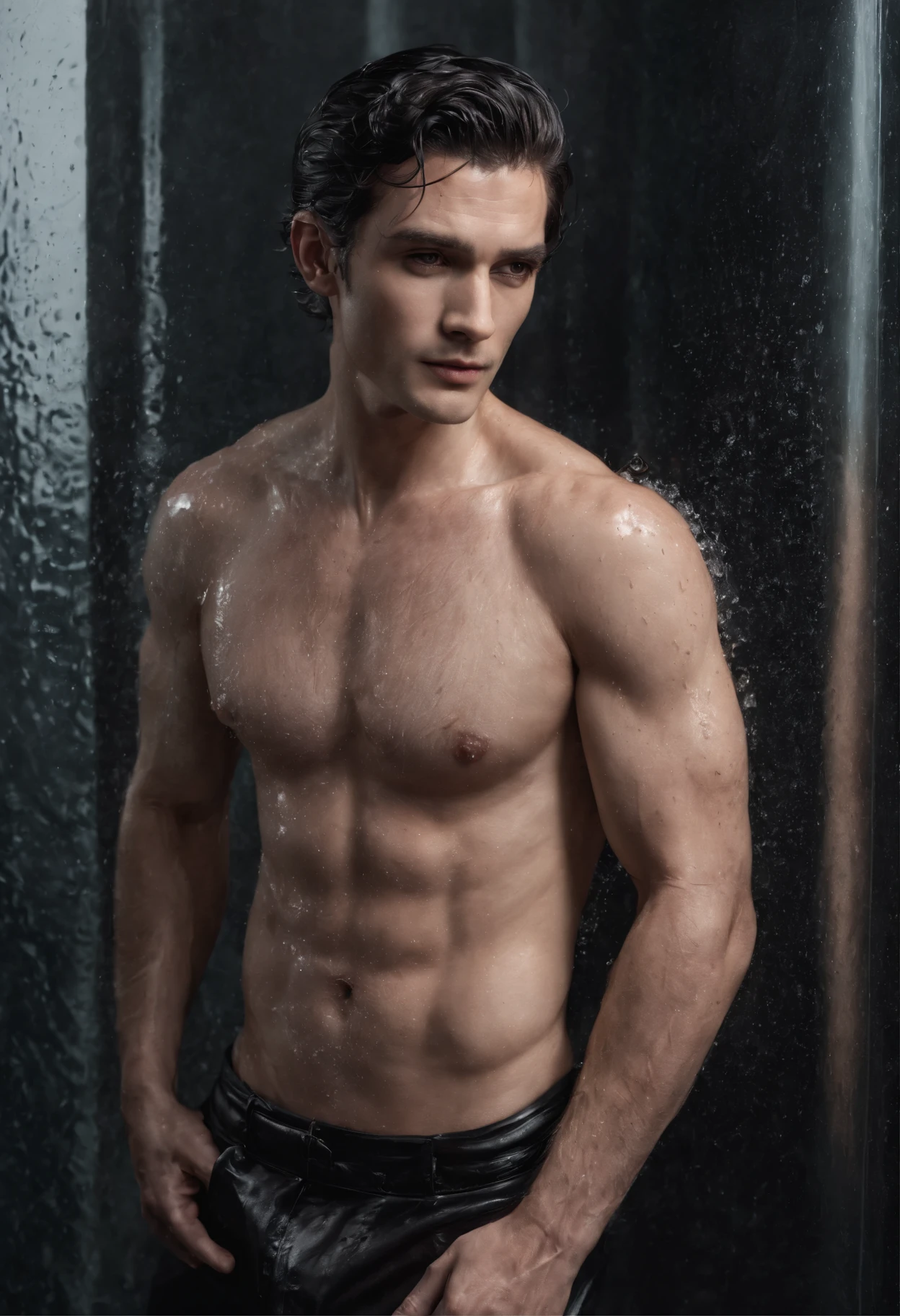 vogue photography,Handsome and strong male model standing in glass bathroom shower,Sweaty, A large amount of water falls from above, ssmile, waistup, Tie-up long black curly hair,little beard, Healthy complexion, Strong, big shadows,Strong chiaroscuro,Handsome muscular male model, editorial model, very very roberto ferri, steven klein, underwear ad, Strong mature male, inspired by Adrian Zingg, alex kanevsky, Danila Tkachenko, Melt Arras and Marcus Pigot, Open V chest clothes, vman magazine, Healthy skin and roughness