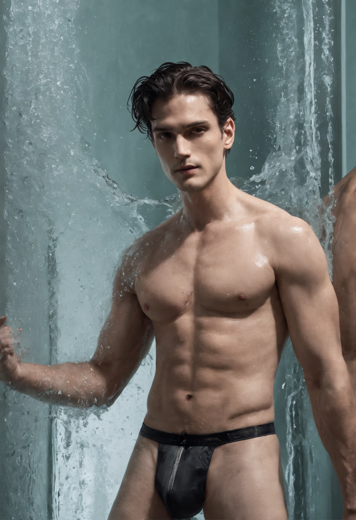 vogue photography,Handsome and strong male model standing in glass bathroom shower,Sweaty, A large amount of water falls from above, ssmile, waistup, Tie-up long black curly hair,little beard, Healthy complexion, Strong, big shadows,Strong chiaroscuro,Handsome muscular male model, editorial model, very very roberto ferri, steven klein, underwear ad, Strong mature male, inspired by Adrian Zingg, alex kanevsky, Danila Tkachenko, Melt Arras and Marcus Pigot, Open V chest clothes, vman magazine, Healthy skin and roughness