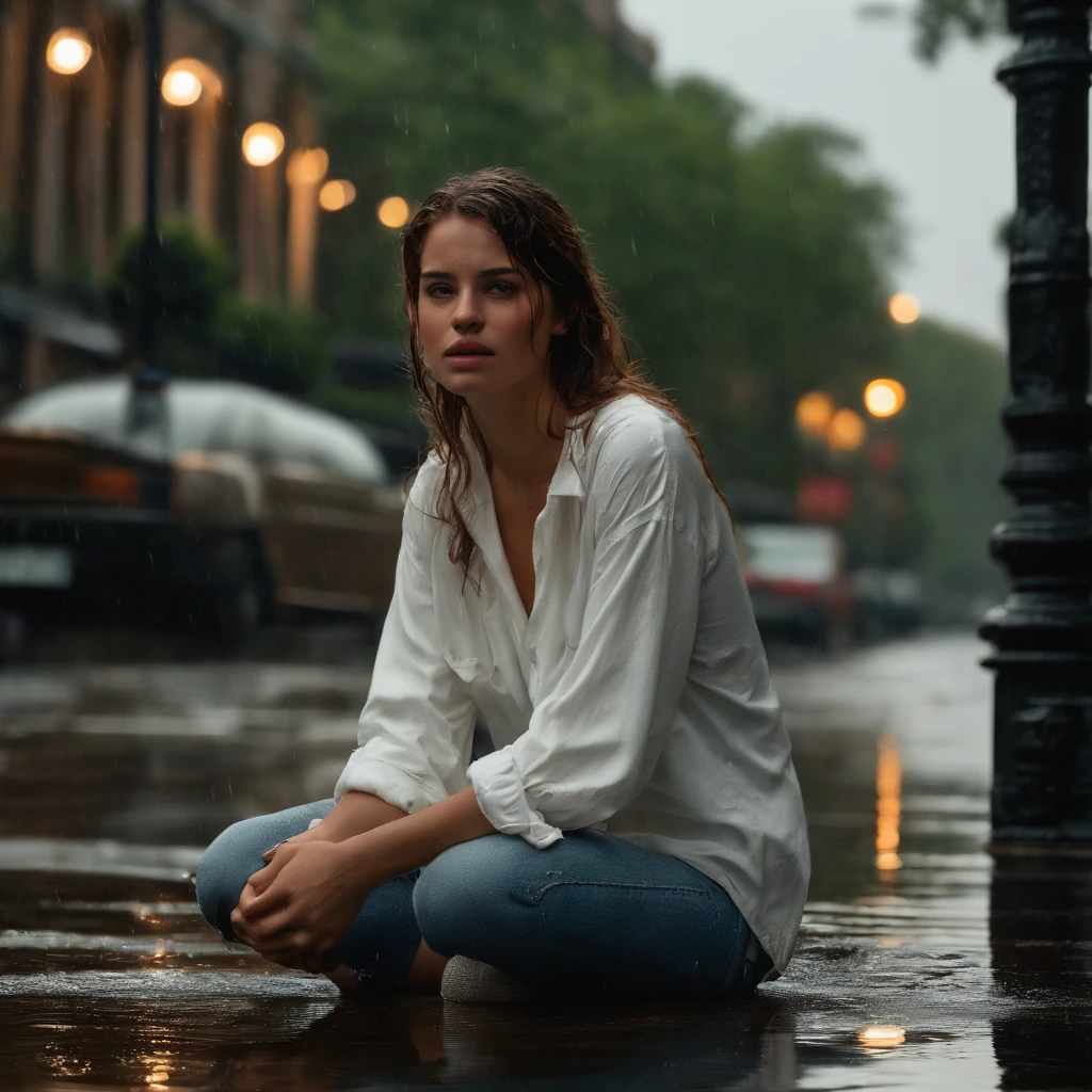 best image quality, masterpiece, super high resolution, (fidelity:1.4), photo, 1 girl, white shirt, torn jeans, white sneakers, dim, darkness, despair, pity, poor, movie, tears, teardrops, (torn clothes:1.5), (wet clothes:1.4), bare shoulders, real rain, wet hair,