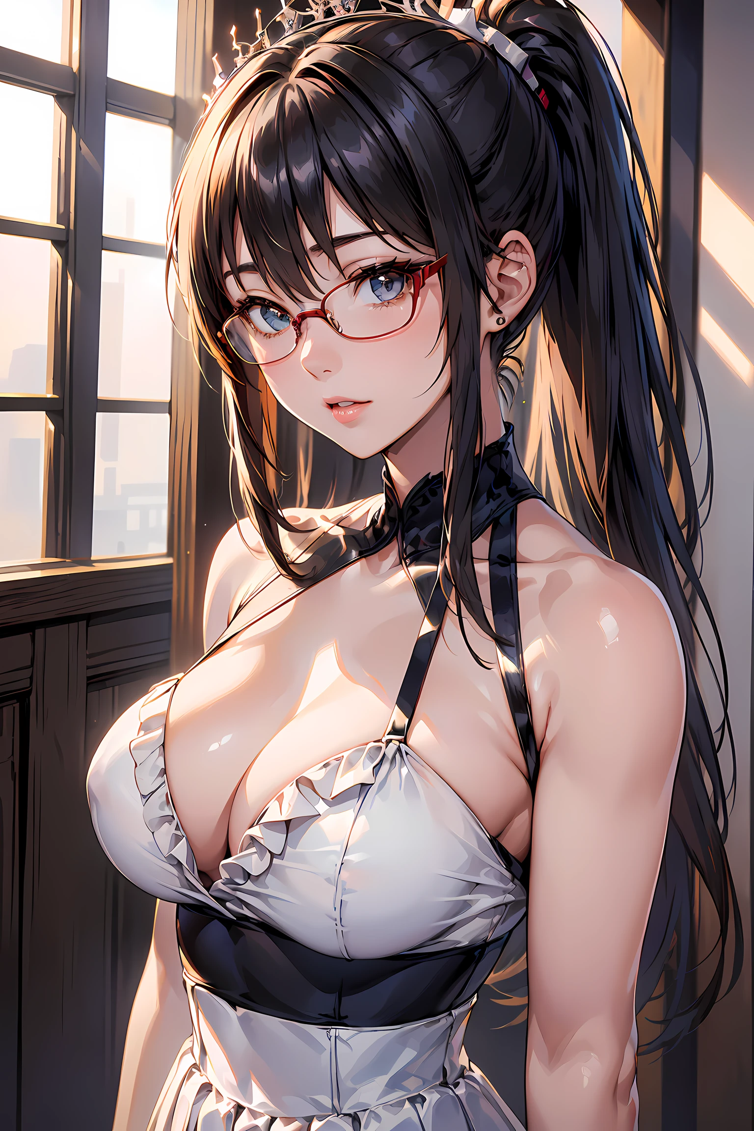 (1glasses girl:1.3, solo), (Audrey Hepburn:1.3), (a extremely pretty and beautiful Japanese woman), (sexy girl), (professional attire:1.3), (22 years old: 1.1), (walking on red carpet:1.3), (attractive random posing:1.3), (in the queen's room:1.3), (looking straight at you:1.3), (starring at you:1.3), (front view:1.3), break, (ponytail:1.3), (shiny-black thin hair:1.2), bangs, dark brown eyes, beautiful eyes, princess eyes, (big eyes:1.3), bangs, wearing a glasses:1.3, Hair between eyes, short hair:1.3, (slender:1.1), (small-medium-breasts:0.95), (thin waist: 1.15), (detailed beautiful girl: 1.4), Parted lips, Red lips, full-make-up face, (shiny skin), ((Perfect Female Body)), (upper body image:1.3), Perfect Anatomy, Perfect Proportions, (most beautiful Korean actress face:1.3, extremely cute and beautiful Japanese actress face:1.3), BREAK, (View viewer, wearing a embroidery frills sexy queen uniform, (insanely detailed elegant outfit:1.3), (gorgeous halter-neck queen dress:1.3), (tafta queen dress:1.3), (shiny-white dress:1.3), (high-waist-frill-skirt:1.3), detailed clothes, BREAK, (detailed classy queen's room background:1.2), (dark background), (Studio soft lighting: 1.3), (fake lights: 1.3), (backlight: 1.3), BREAK, (Realistic, Photorealistic: 1.37), (Masterpiece, Best Quality: 1.2), (Ultra High Resolution: 1.2), (RAW Photo: 1.2), (Sharp Focus: 1.3), (Face Focus: 1.2), (Ultra Detailed CG Unified 8k Wallpaper: 1.2), (Beautiful Skin: 1.2), (pale Skin: 1.3), (Hyper Sharp Focus: 1.5), (Ultra Sharp Focus: 1.5), (Beautiful pretty face: 1.3), (super detailed background, detail background: 1.3), Ultra Realistic Photo, Hyper Sharp Image, Hyper Detail Image,