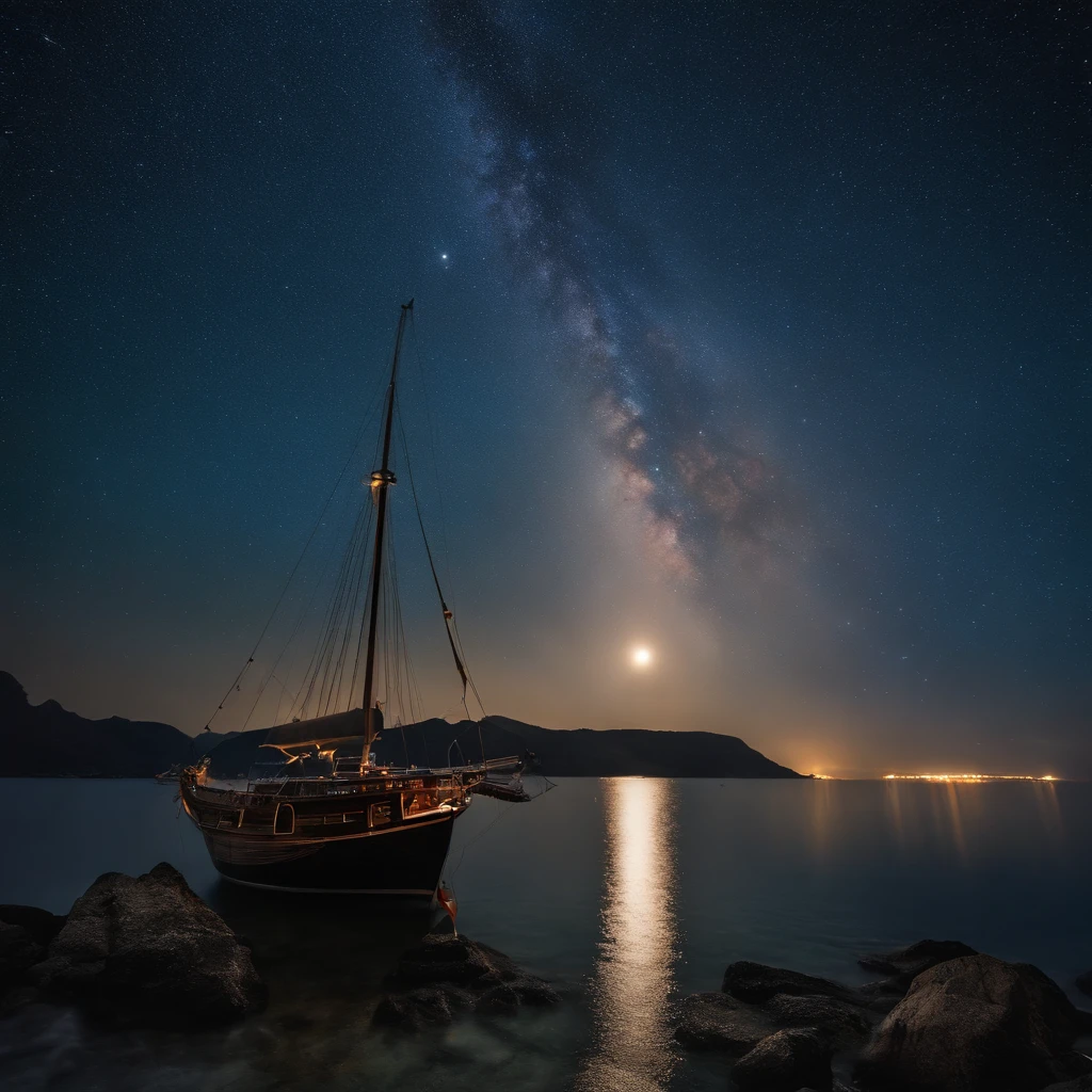 Master Parts、Superior Quality、superior image quality、The 8k quality、、Beautiful pictures of the starry sky、magnifica、Arched Milky Way:1.9、Sail ships:1.9、Blue Sea、shooting stars:1.9