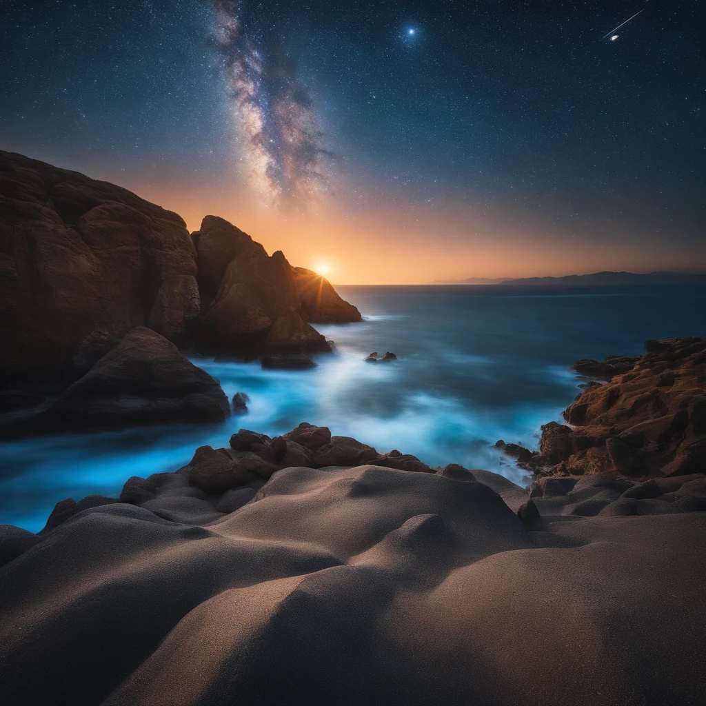 Master Parts、Superior Quality、superior image quality、The 8k quality、、Beautiful pictures of the starry sky、magnifica、Arched Milky Way:1.9、Sail ships:1.9、Blue Sea、shooting stars:1.9