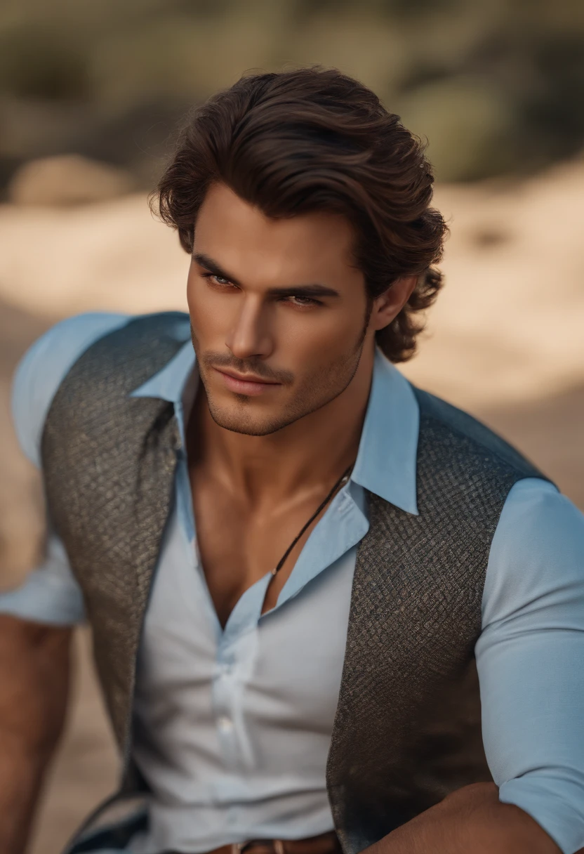 (best quality,8k,Realistic),homem bonito,macho,olhos azuis,brown hair,nice muscles,not shirt