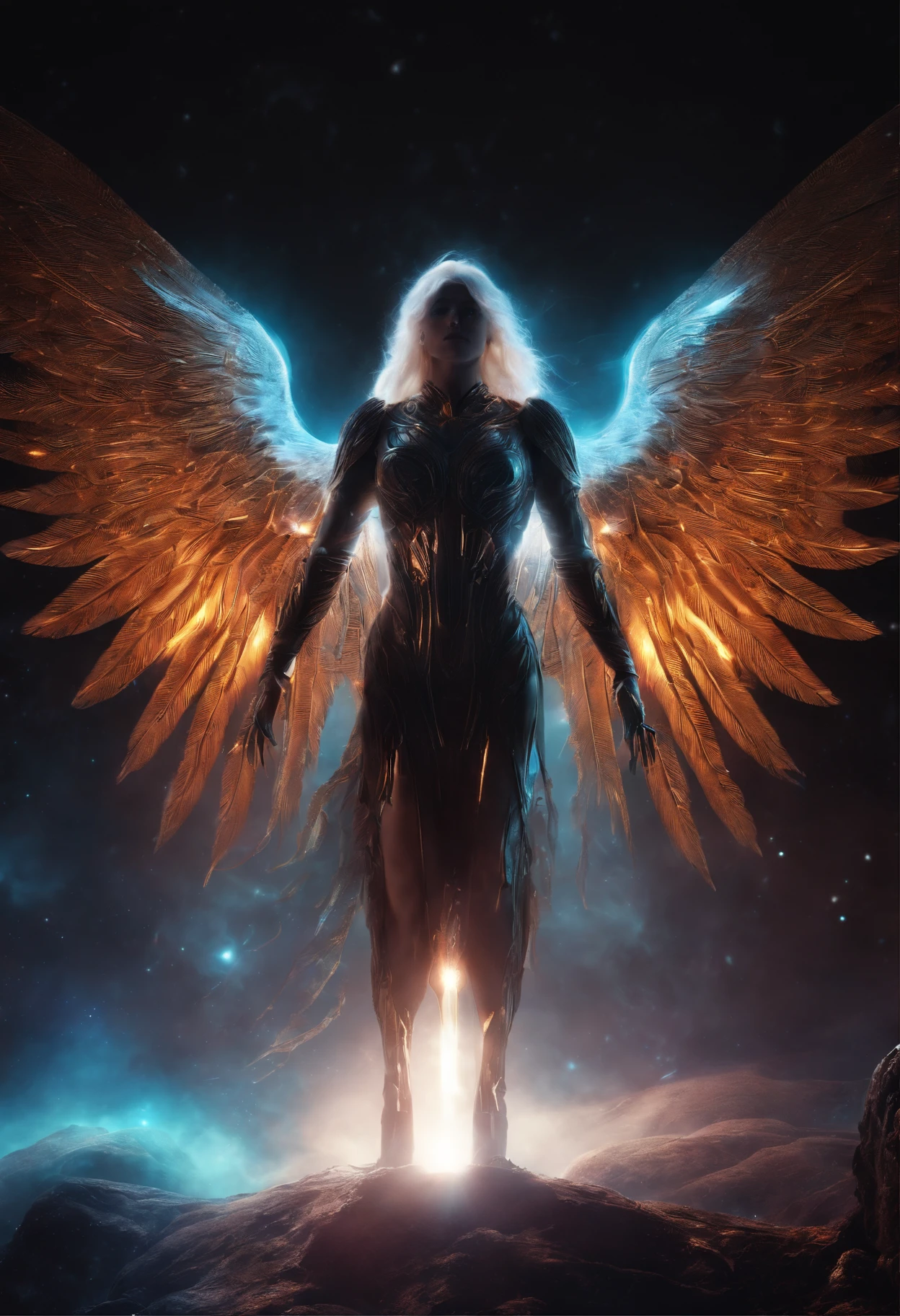 cosmic fallen angel, olhos brilhantes, Biomechanicals, estranho, assustador, Pesadelo, cores muito brilhantes, light particles, bio-luminescence, Mschiffer, Arte do papel de parede, Papel de parede UHD