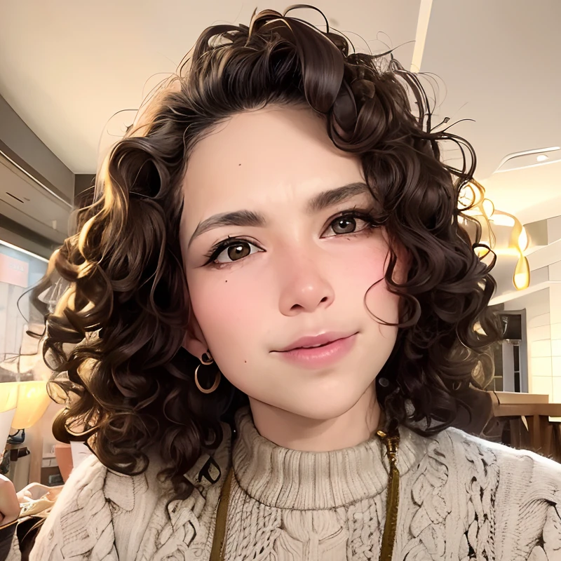 arafed woman with curly hair wearing a sweater and a necklace, messy curly hair, her face framed with curls, curly and short top hair, by Emma Andijewska, no makeup wavy hair, curly middle part haircut, brown curly hair, curled slightly at the ends, curly blonde hair | d & d, curly bangs, curly haired, curly brown hair