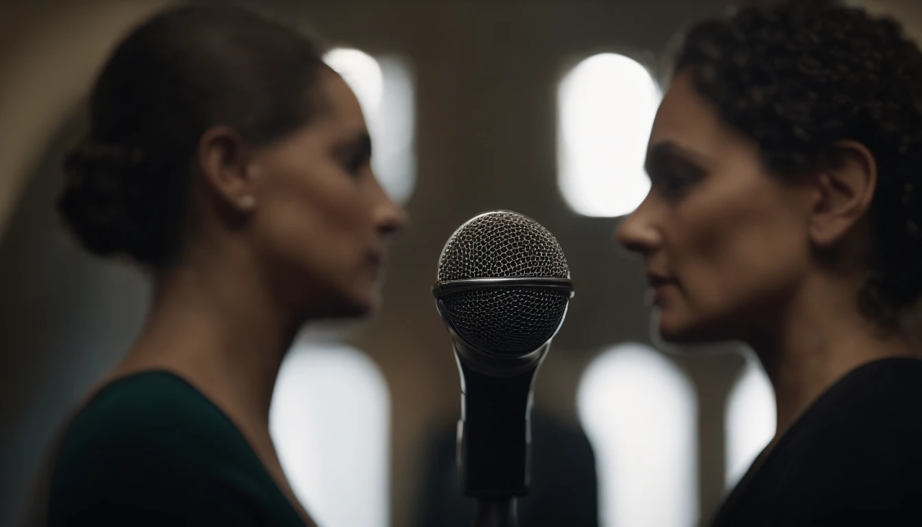 Close-up of a podcast microphone with dramatic lighting that casts shadows and highlights. Superponerlo con un efecto de pantalla dividida, con un lado mostrando la cara preocupada de una mujer y el otro el misterioso, Enigmatic expression of another woman. This double portrait must represent the duality of the characters and the tension, Un escenario oscuro y misterioso en el fondo.