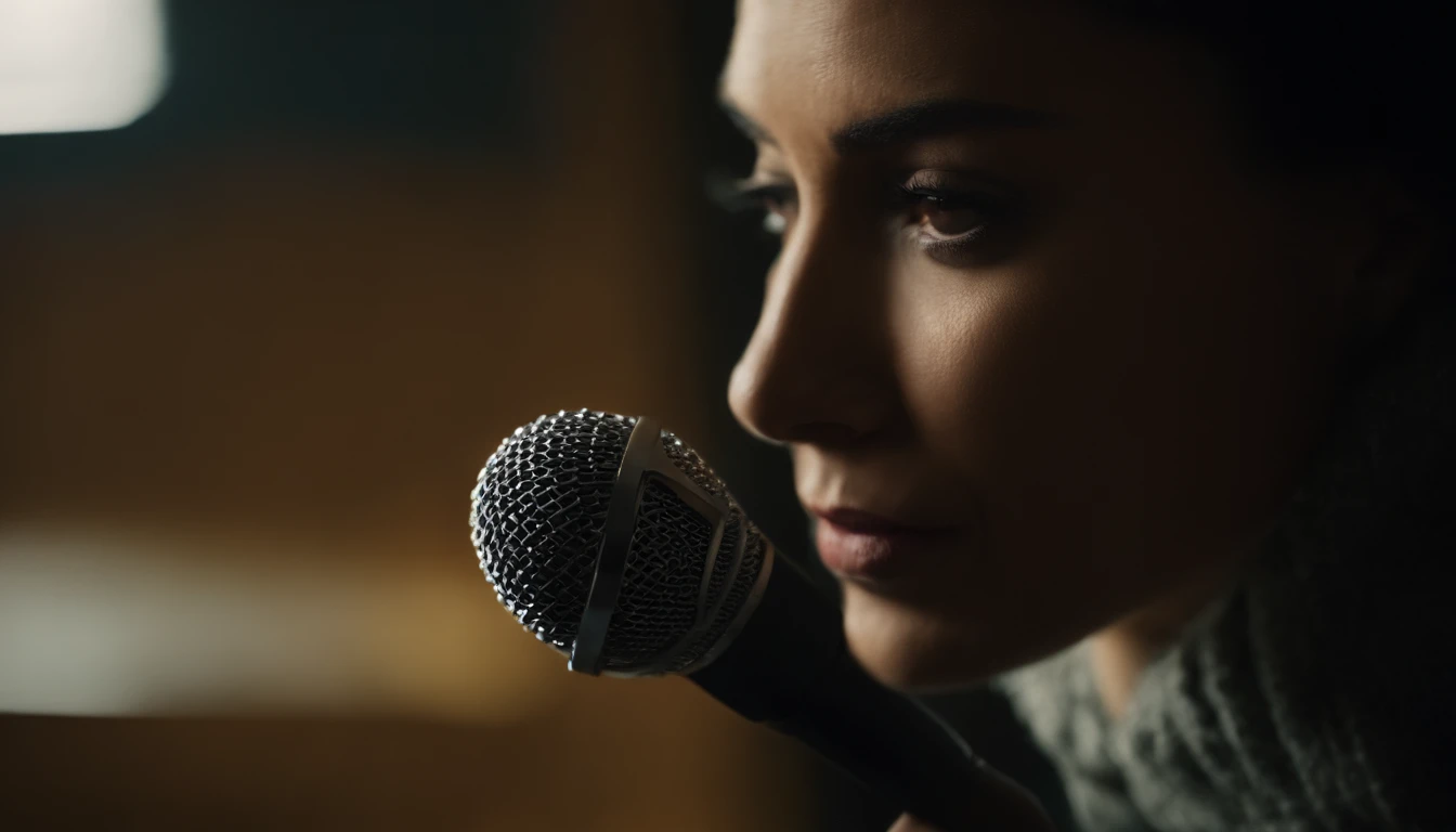 Close-up of a podcast microphone with dramatic lighting that casts shadows and highlights. Superponerlo con un efecto de pantalla dividida, con un lado mostrando la cara preocupada de una mujer y el otro el misterioso, Enigmatic expression of another woman. This double portrait must represent the duality of the characters and the tension, Un escenario oscuro y misterioso en el fondo.