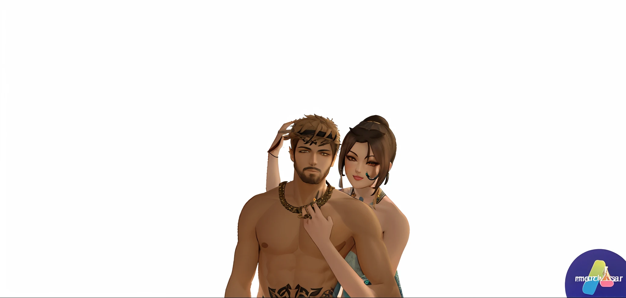 there are two couple with tattoos on their bodies posing for a picture, imvu, second life avatar, couple pose, secondlife, by :5 sexy: 7, wearing toga, ghutra and egal, upper body avatar, intertwined full body view, wearing a toga, lblsck hair, semirealistic model