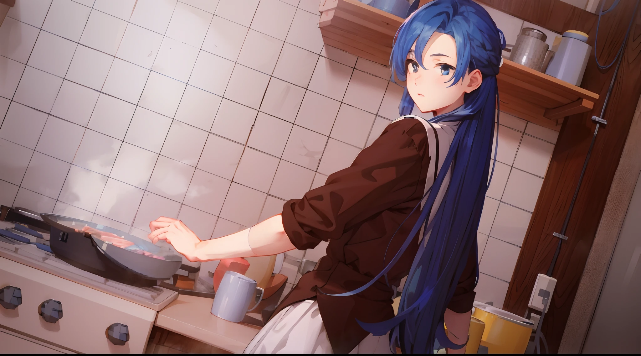 Pixelated anime girl with blue hair cooking in kitchen with stove, cooking, Pixel Art Style, with blue hair, cooking it up, smooth anime cg art, Beautiful pixelated blue-haired girl, Pixel art !!!, pixel !!!