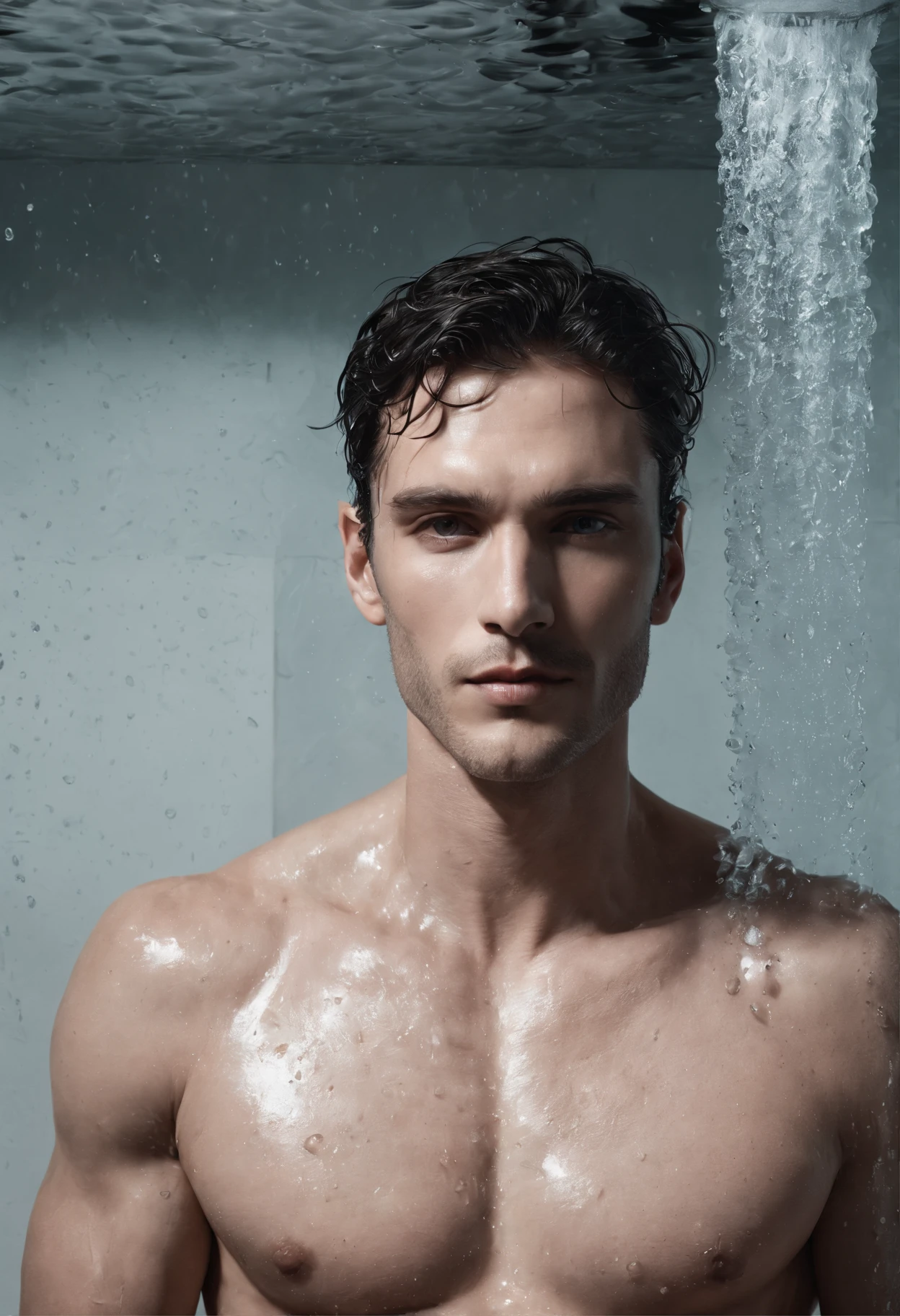 vogue photography,Handsome and strong male model standing in glass bathroom shower,Sweaty, Water droplets from the shower shower head fall from above, ssmile, waistup, Tie-up long curly black hair,little beard, Healthy complexion, Strong, big shadows,Strong chiaroscuro,Handsome muscular male model, editorial model, very very roberto ferri, steven klein, underwear ad, Strong mature male, inspired by Adrian Zingg, alex kanevsky, Danila Tkachenko, Melt Arras and Marcus Pigot, Open V chest clothes, vman magazine, Healthy skin and roughness