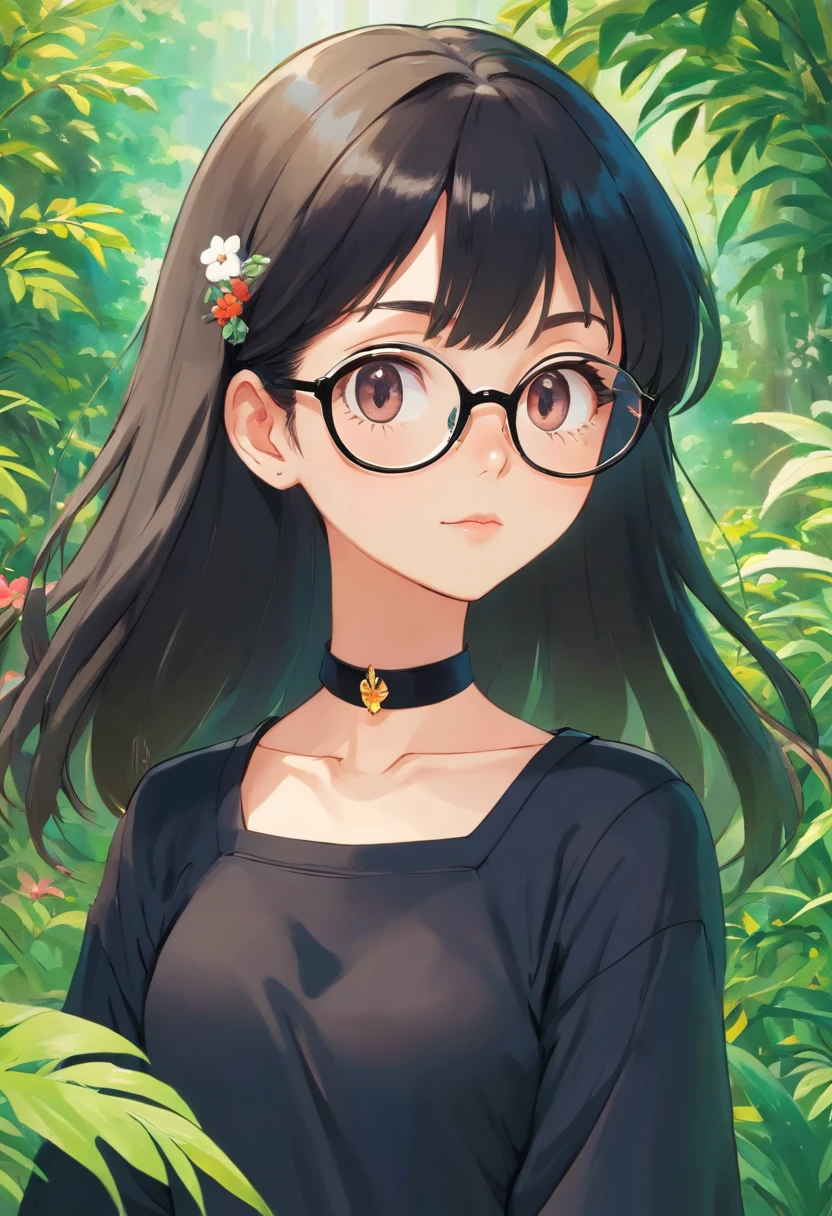 a girl wearing an anime choker, in the style of tranquil gardenscapes, colorful animation stills, masami teraoka, black clothes, paul gauguin, Embry style, honest portrayal, black hair, pale, white skin, glasses, short hair, cute, with a cat