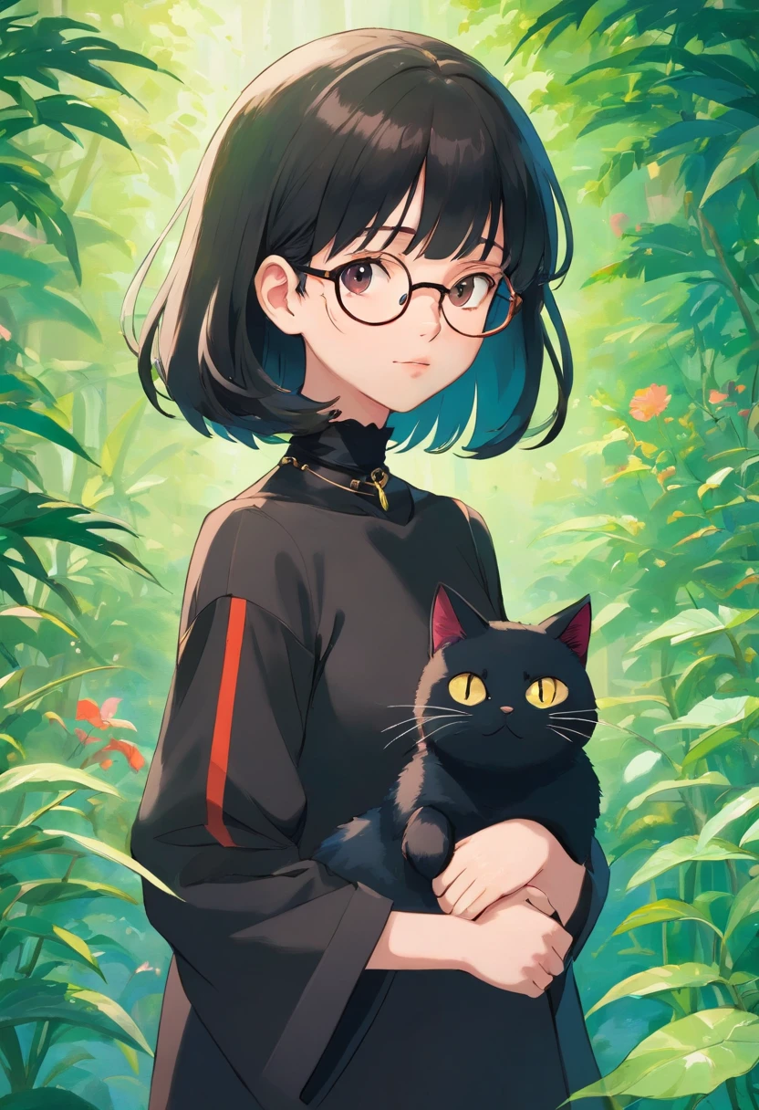 a girl wearing an anime choker, in the style of tranquil gardenscapes, colorful animation stills, masami teraoka, black clothes, paul gauguin, Embry style, honest portrayal, black hair, pale, white skin, glasses, short hair, cute, with a cat