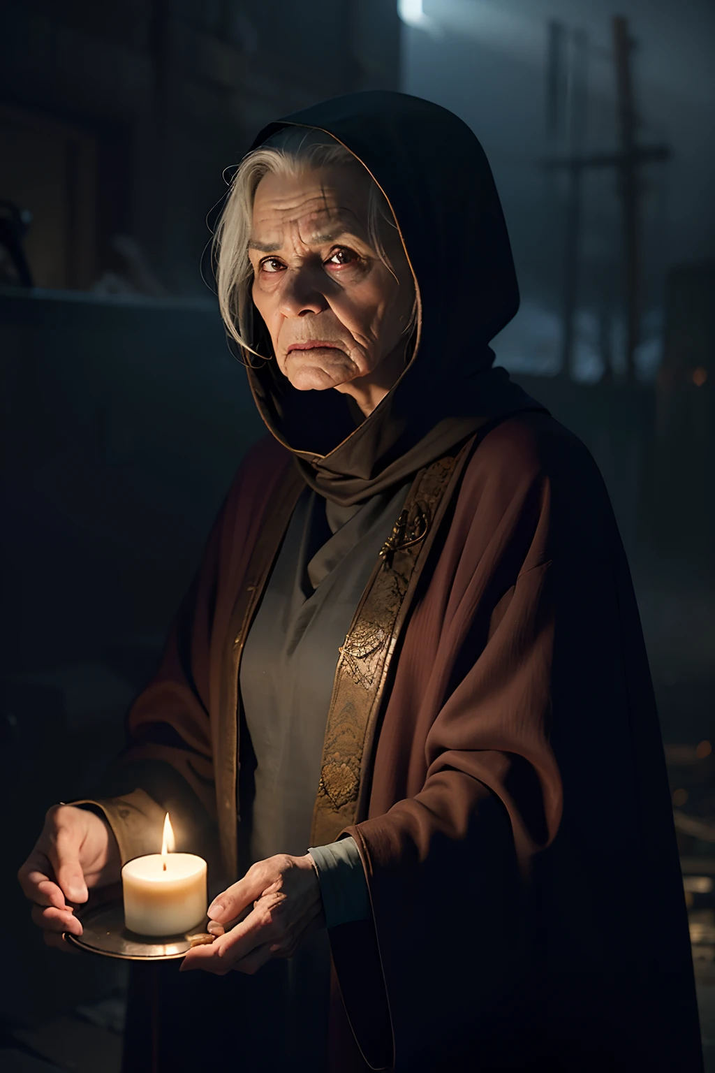An angry old woman, with a deadly scowl, wearing brown tattered robes, holding a small candle, background is dark, misty rain, mood is gloomy, desperate, confining, depressing, night time light, character design.