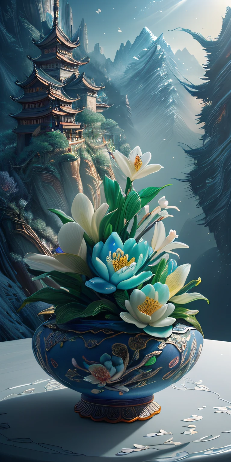 best quality, realistic, photorealistic,  ultra detailed, "Mountain of Flower and Fruit+Fairy+Chinese Architecture" highly detailed carving on "southern ice" porcelain,Ultra wide angle,Accent Lighting,Volumetric Lighting,backlighting, (detailed light),((an extremely delicate and beautiful)),dramatic_shadow,ray_tracing,hdr