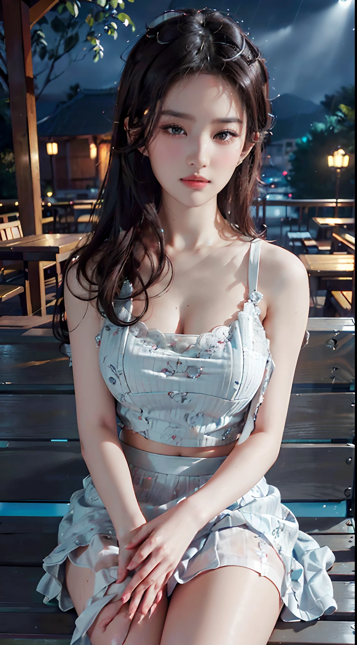 (masuter piece:1.3)、(8K、Photorealsitic、RAW photography、top-quality: 1.4)、(1girl in)、beautiful countenance、(lifelike face)、(whaite hair、Medium hair:1.3)、Beautiful hairstyle、photorealistic eye、Beautiful details、（real looking skin）、Beautiful skins、（blouse）、absurderes、enticing、超A high resolution、ultra-realistic realism、high detal、the golden ratio、Bright sunlight、Short ponytail hair