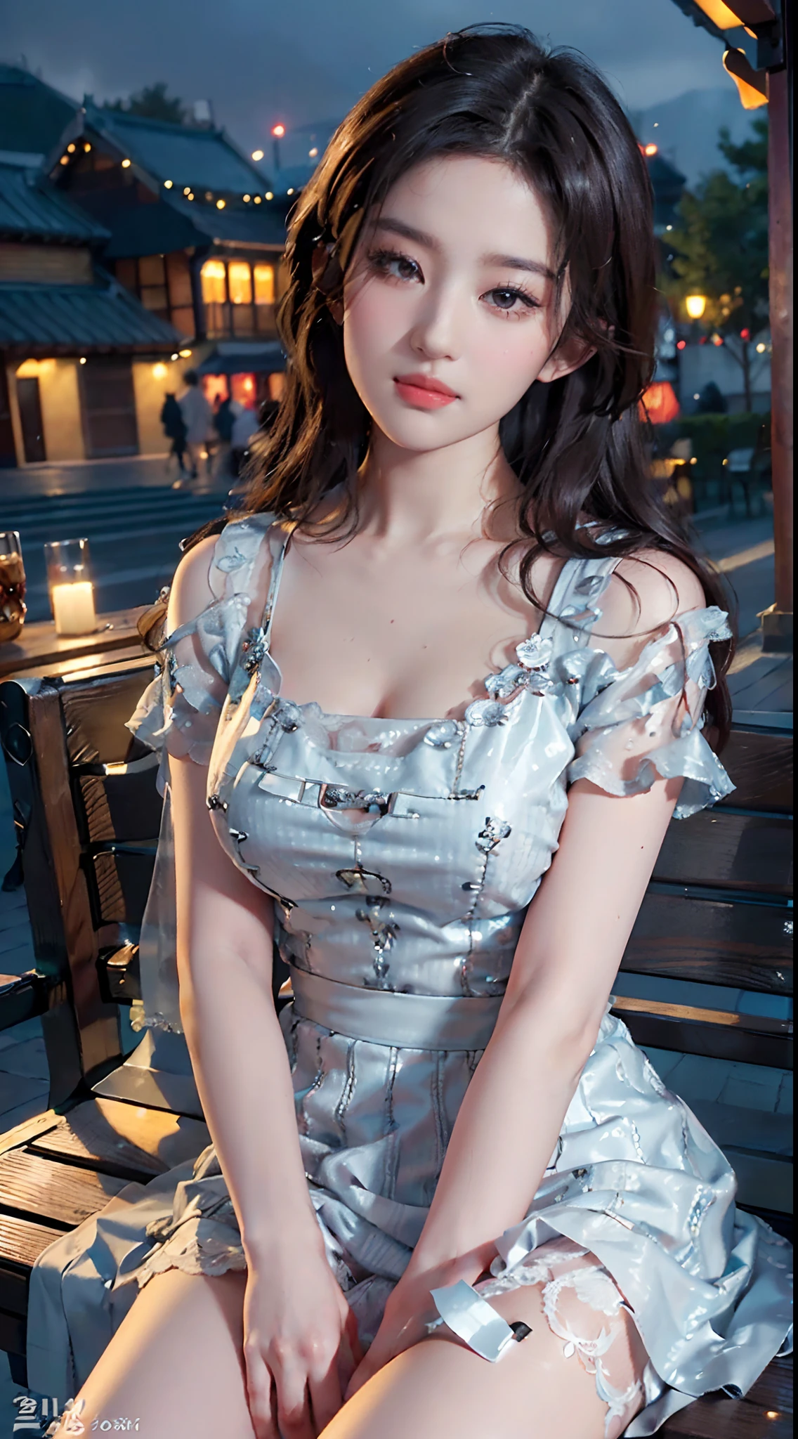 ((whole body)), ((from below)), ((gufeng,bare shoulders)), clear face, pretty face, 8k, masterpiece, original photo, best quality, detail:1.2,lifelike, detail, Very detailed, CG, Unite, wallpaper, depth of field, movie light, lens flare, Ray tracing, (extremely beautiful face, beautiful lips, beautiful eyes), Complex, detail face, ((ultra detailed skin)), 1 girl, in the darkness, deep shadow, beautiful korean girl, kpop idol,(Very slim figure:1.3), plump breasts, Slender sexy legs, elegant posture, (bright smile), (City night, (neon lights), (night), beautiful korean girl, white diamond earrings, diameter bracelet, Dia Necklace, clear eyes, facing forward, (big eyes)