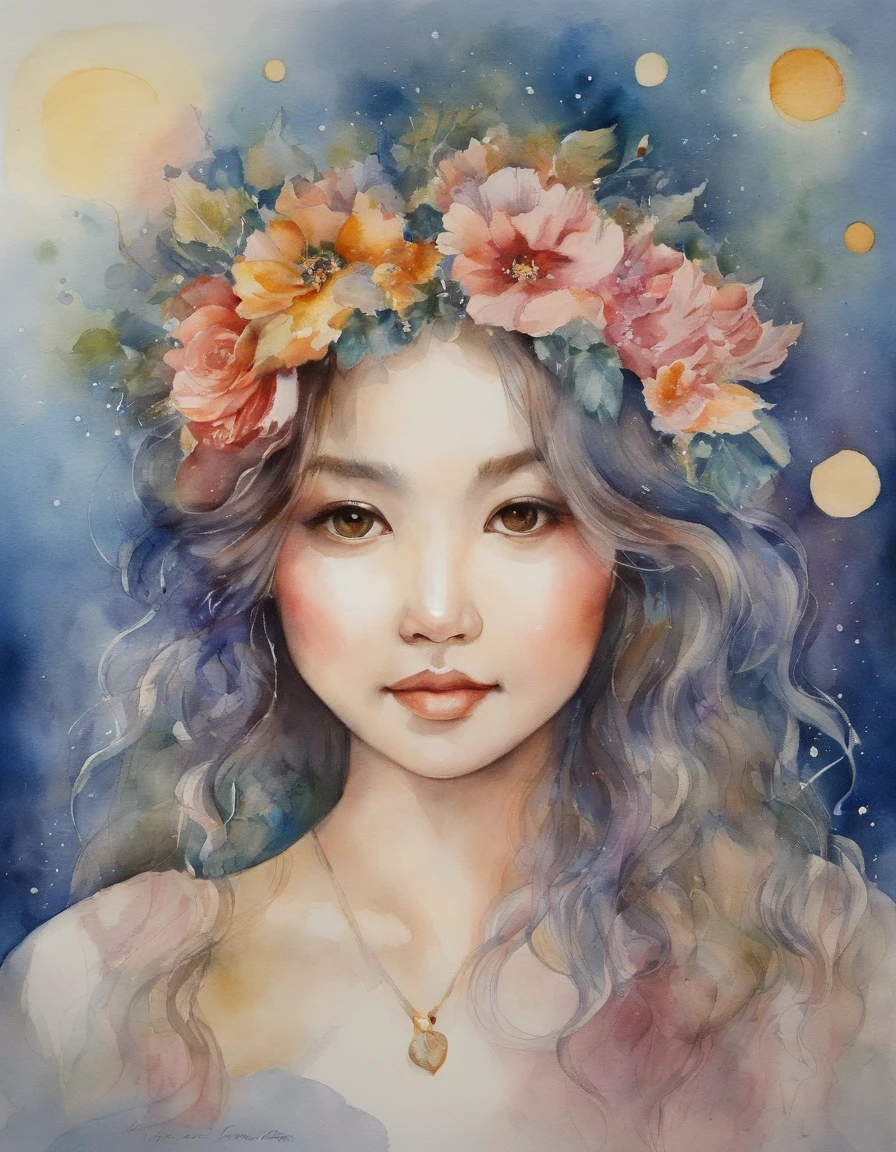 takama akemi, 1980s \(style\), painting \(medium\), retro artstyle, watercolor \(medium\),  beautiful, masterpiece, best quality,
detailed face, perfect lighting, 1girl, solo, rainbow hair, magical girl,
smile, messy bangs, sky, stars, sun, twilight,