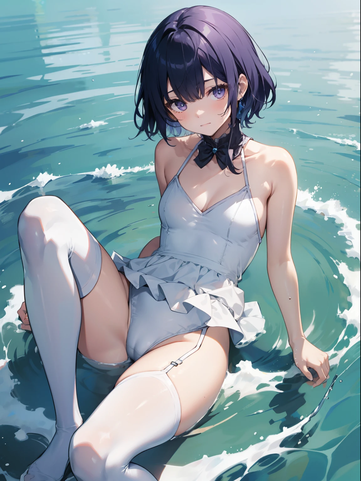 top-quality、Full limbs、complete fingers、Slender beauty、1 persons、Small eyes、embarassed expression、white school swim suit、knee high、Bery short hair、hime-cut