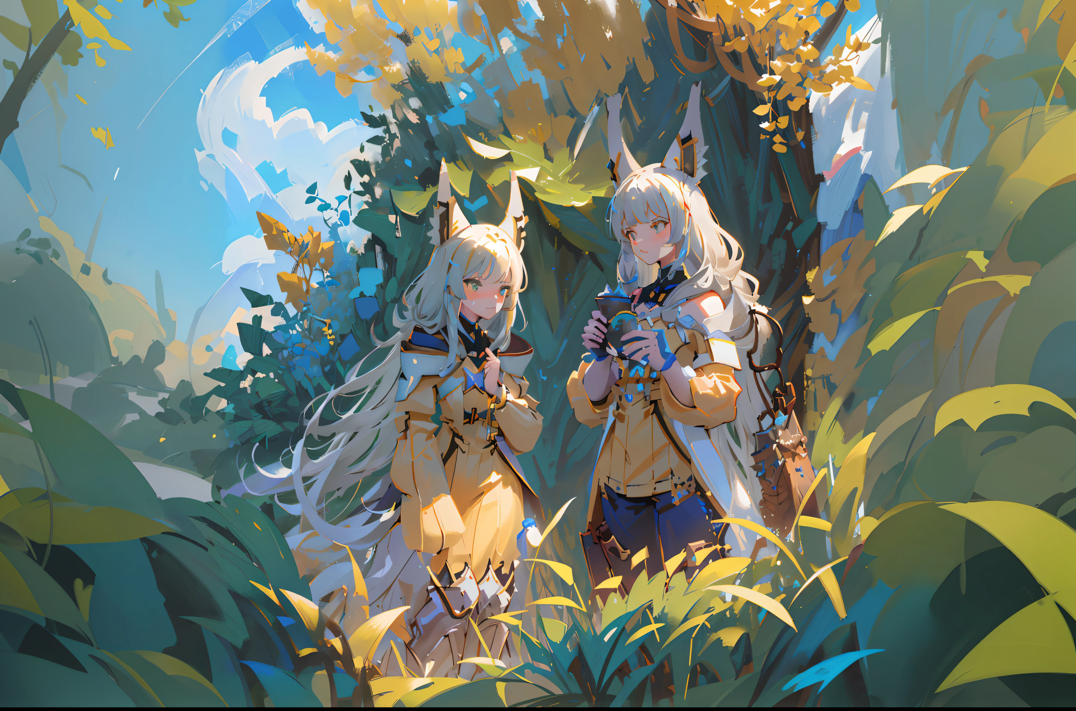 Anime - Style painting of two women in a forest with a camera, Tendencias en ArtStation Pixiv, Wlop y Sakimichan, Artgerm y Atey Ghailan, anime fantasy illustration, de Arknights, Krenz Cushart y Wenjun Lin, Guweiz en Artstation Pixiv, Arte Zerochan