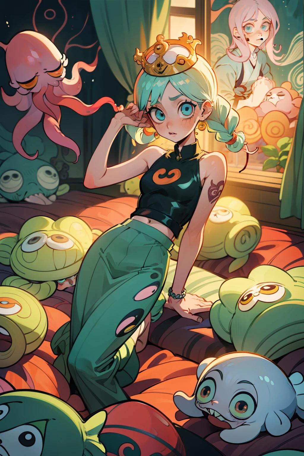 crocs with charms, eating a burger, color schemes green, glowing elements, light effects, light rays, back lighting, warm back light, background is just pillows, octopus tentacles wrapping around the pillows, and curtains, window with a view, extremely long braided hair, large crown, flowers, octapus tentacles, tattoos, piercings, fishnets, skirt, and tank top, y2k, white water, underwater with fishes everywhere holding breath eating fish, Ultra maniac anime manga style theme (nana manga) Kamikaze kaitoujin, full body high quality 4k illustration, ceiling view pose girl looking into camera from a white bedsheet and blood splatter, Junji ito style, (uzumaki, lit. "Spiral") is a Japanese horror manga series written and illustrated by Junji Ito, horror illustration, (uzumaki) (tomie) (a girl,beauty,2girls,3girls)cool detailed eyes,beautiful detailed lips,extremely detailed eyes and face,longeyelashes,colorful hair,confident smile,stylish outfit, earrings (yummy) food in a dynamic pose(aesthetic style),vibrant colors,street-art inspired background,urban lighting, pearly white and oranget, horror Comic book. White hair streaks, aqua blue hair, hair with a lot of flow and blonde, city scape, clothes, lingerie laying on the floor, ANIME FOOD, ANIME PASTRIES, DELECTABLE FOOD, DELICIOUS FOOD,
