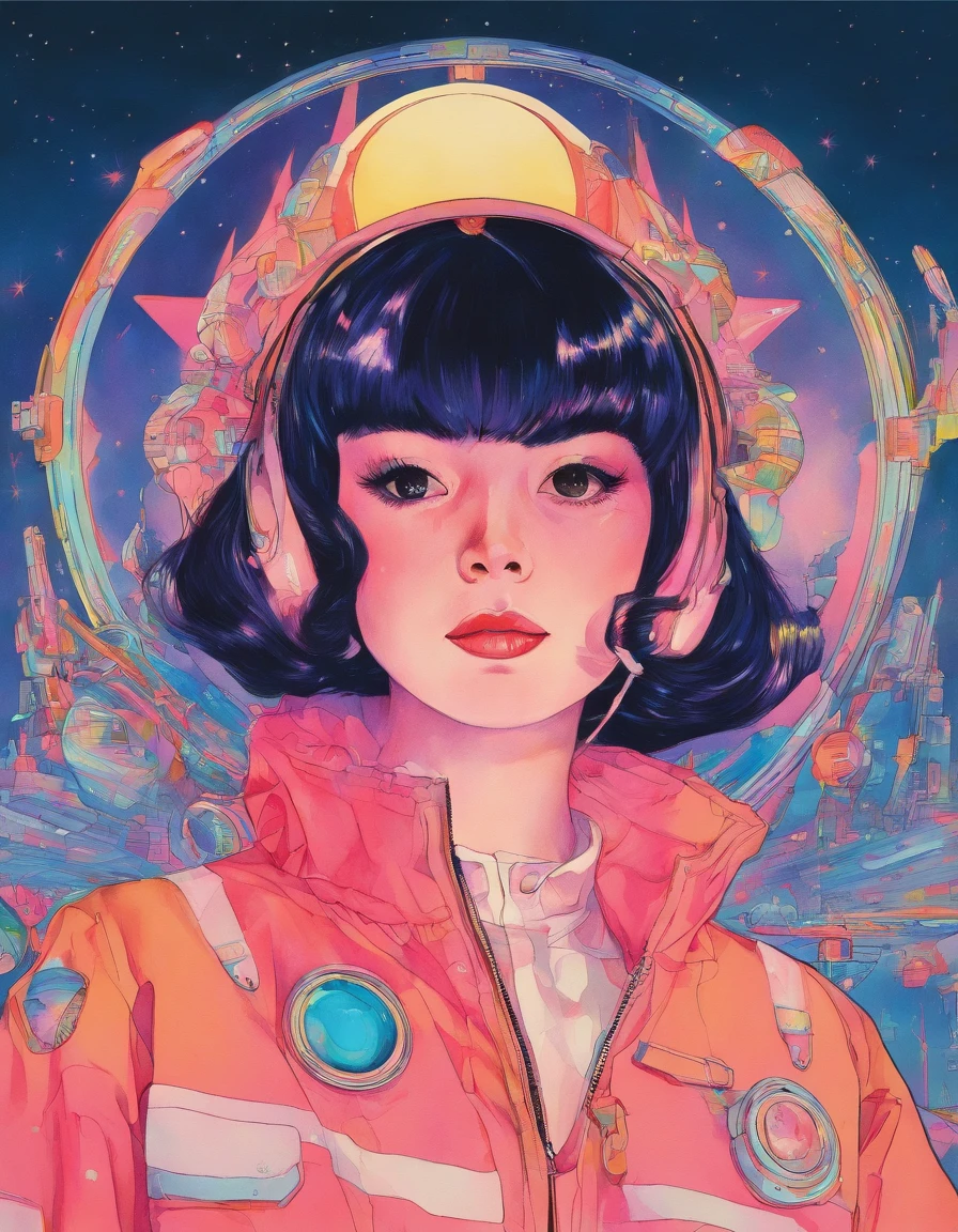 takama akemi, 1980s \(style\), painting \(medium\), retro artstyle, watercolor \(medium\),  beautiful, masterpiece, best quality,
detailed face, perfect lighting, 1girl, solo, rainbow hair, magical girl,
smile, messy bangs, sky, stars, sun, twilight,