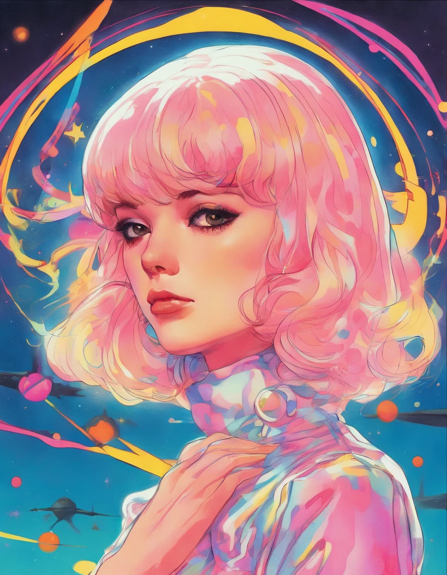 the star is a girl with short pink hair, magic, fantastic, night sky, moon, stars, background, work inspired by Bill Sienkiewicz, vivid colors, intricate details, oil.
