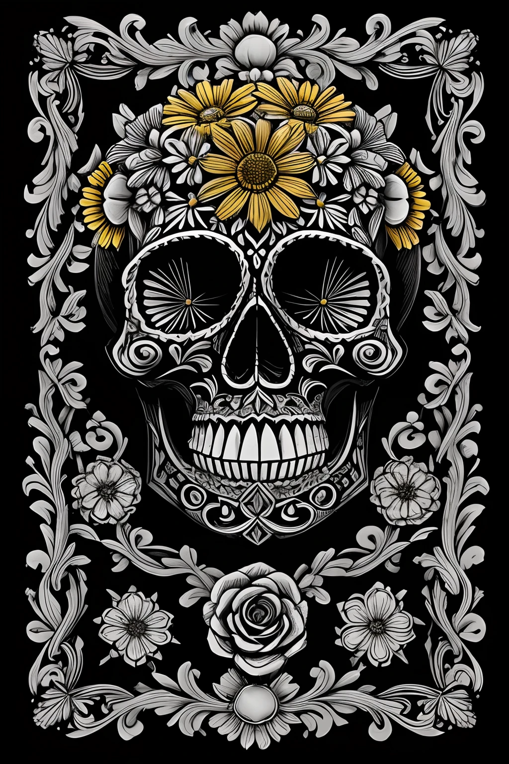 "Design a fantastic image featuring a black and white human skull surrounded by colorful flowers. Ensure the design is suitable for T-shirt printing and has no background. Pay meticulous attention to (((intricate details))) such as the skull's features and the vibrant colors of the flowers. Aim for ((extreme detail quality)) to make the design visually captivating. Craft a ((composition that evokes a sense of wonder and mystery)) by juxtaposing the starkness of the skull with the vibrant beauty of the flowers."