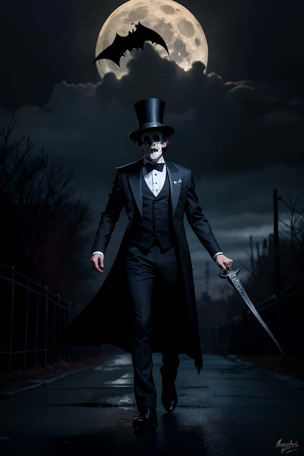 A scary looking man who is a creepy undertaker with a skull for a head, wearing a tuxedo and top hat, holding a leg bone, background is a full moon and bats, mood is morbid, shadowy, dreadful, gloomy, haunting, dark stormy sky, dramatic lighting, character design.
