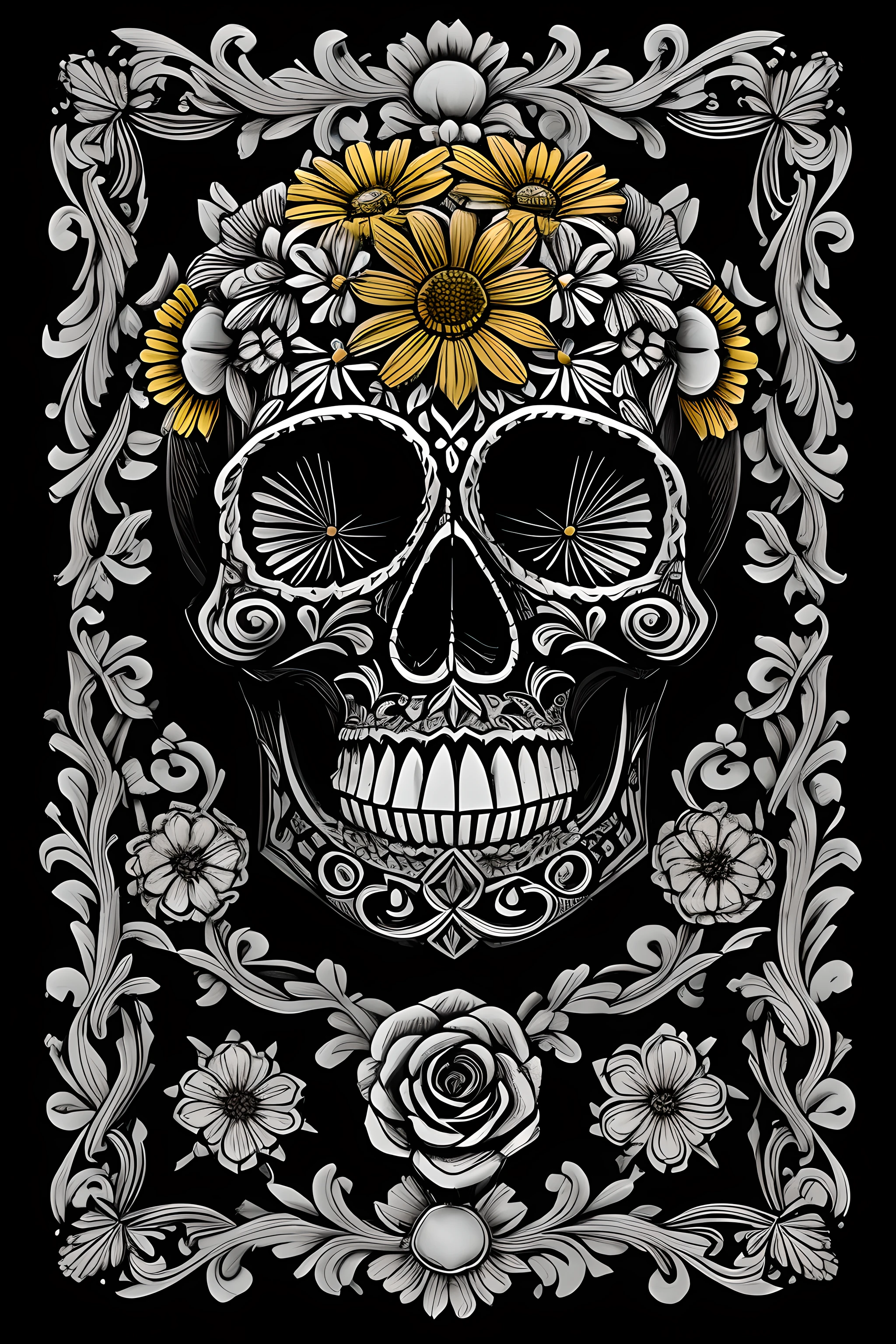 symmetrical,highly detailed skull face,full body image,acanthus scrolls,over saturation,over shadow,one our lady of guadalupe,decorative ornament,vine,classical floral elements,t-shirt design,full-length portrait,highly detailed skull face,8K resolution,low saturation,highly detailed,print art,empty background