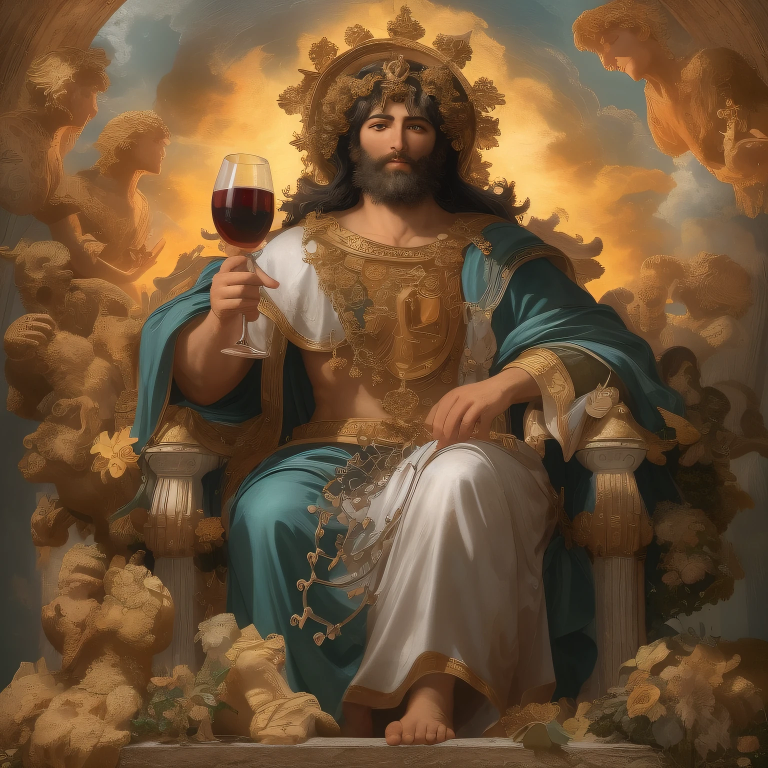 An epic image depicting Bacchus, o deus do vinho, em todo o seu esplendor. He is sitting on his heavenly throne, holding a glass of wine, com um olhar imponente e majestoso. Ao seu redor, nuvens brancas com brilho ao fundo, transmitindo sua magestade divina.