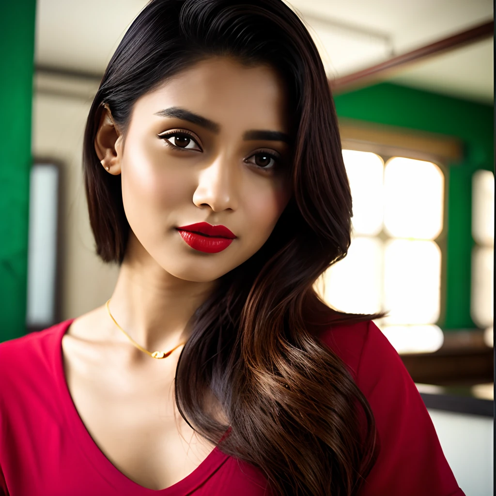 there is a woman with a green shirt and red lipstick, with accurate face, attractive girl, very beautiful girl, with lovely look, with cute - fine - face, assamese aesthetic, beuatiful face, girl next door innocent look, lovely woman, profile pic, indian girl with brown skin, with very thin lips, 18 years old