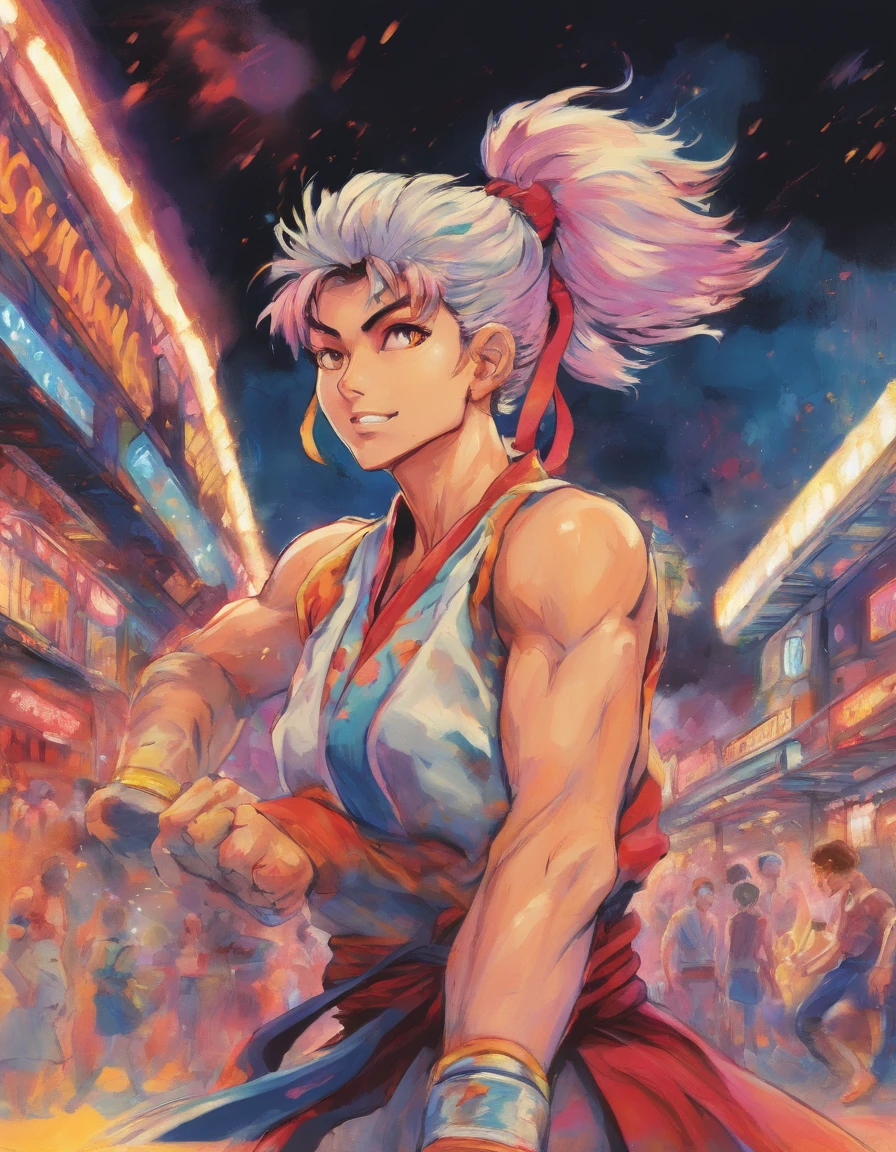 takama akemi, 1980s \(style\), painting \(medium\), retro artstyle, watercolor \(medium\), beautiful, masterpiece, best quality,
detailed face, perfect lighting, 1girl, solo, rainbow hair, magical girl,
smile, messy bangs, sky, stars, sun, twilight,