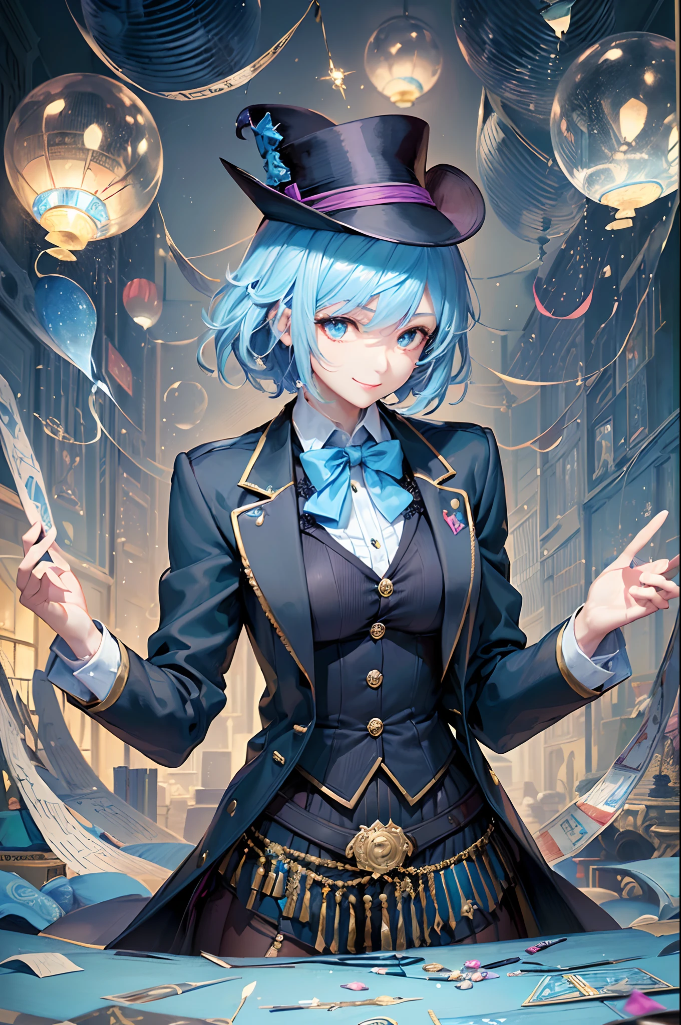 ((Finest quality)),(超A high resolution),(ultra-detailliert),(Meticulous portrayal),((Best Anime)),(Finest works of art),sharpnes,Clair, (Beautiful female magician in tailcoat:1.5),silk hat:1.3,(Light blue shortcut:1.5),Invincible smile, Magic Show,Lots of balloons,Paper Tape