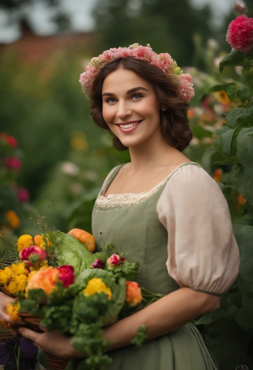 WILLIAM WATER HOUSE MAIDEN SMILING FACE IN A VEGTABLE GARDEN WITH FLOWERS