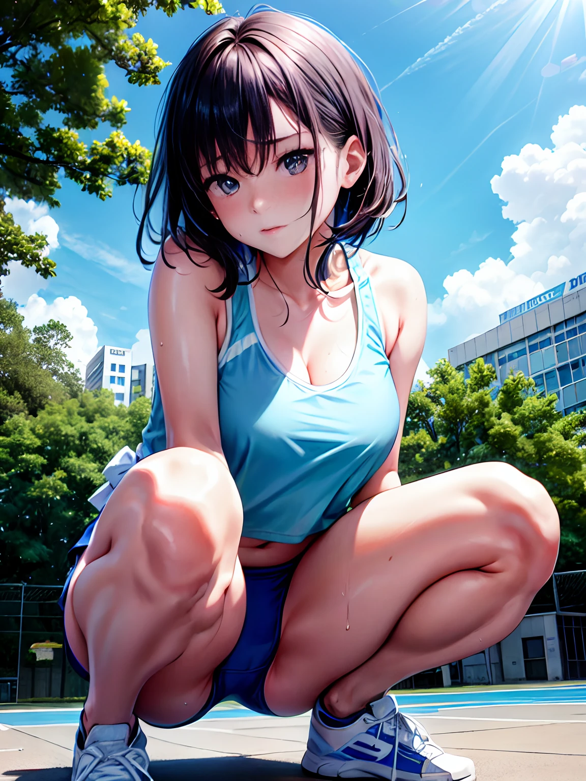 lighting like a movie、top-quality、School Outdoor Grounds、Blue Sports Bikini、(Short white tank top)、full of sweat、Wearing sweat、embarrassed from、squatting and opening legs、Eyes from below、open one's legs、