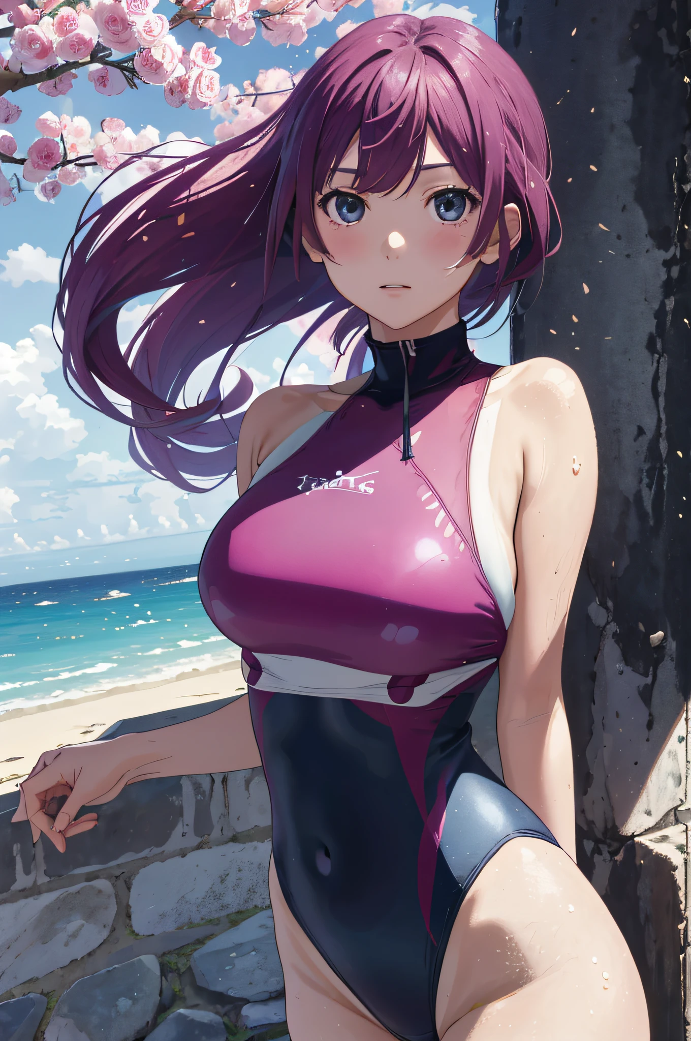 Obra maestra, La mejor calidad, Altas Resoluciones, sh1, Senjougahara Hitagi, Cabello largo, mangas largas,((( high neck swimsuit rosa claro))),muslos , Disparo de vaquero, Brazos cruzados,sakura