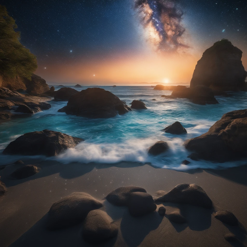 Master Parts、Superior Quality、superior image quality、The 8k quality、、Beautiful pictures of the starry sky、magnifica、Arched Milky Way:1.9、Sail ships:1.9、Blue Sea、shooting stars:1.9