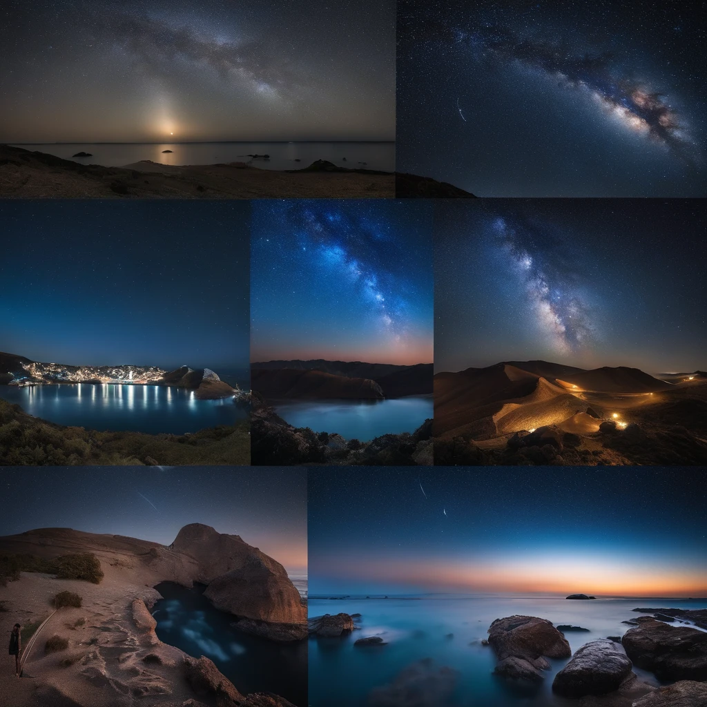 Master Parts、Superior Quality、superior image quality、The 8k quality、、Beautiful pictures of the starry sky、magnifica、Arched Milky Way:1.9、Sail ships:1.9、Blue Sea、shooting stars:1.9