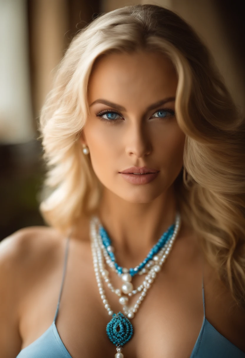 Very beautiful blonde woman with blue eyes, who wears several large pearl necklaces and has very large breasts, t-shirt with large neckline, bare shoulders