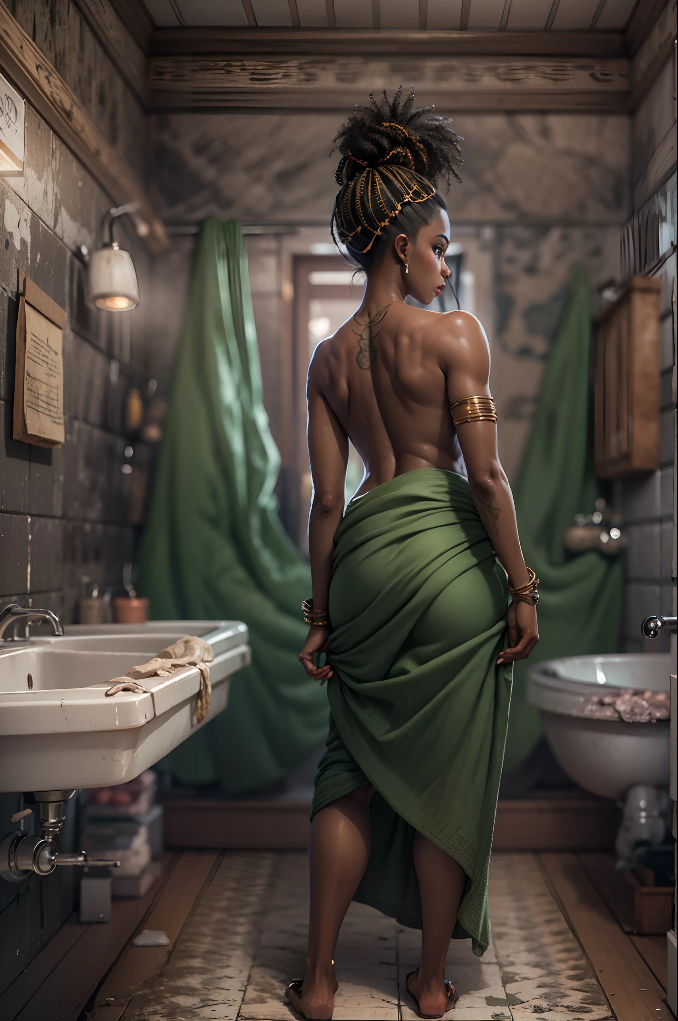 Different mood full body view of african woman with, showing clevage, clutched in deep green towel, wide angle in a vintage bathroom, perfect anatomy, illustrative, painterly, detailed, UHD drawing, pen and ink, perfect composition, beautiful detailed intricate insanely detailed octane render trending on artstation, 8k artistic photography, photorealistic concept art, soft natural