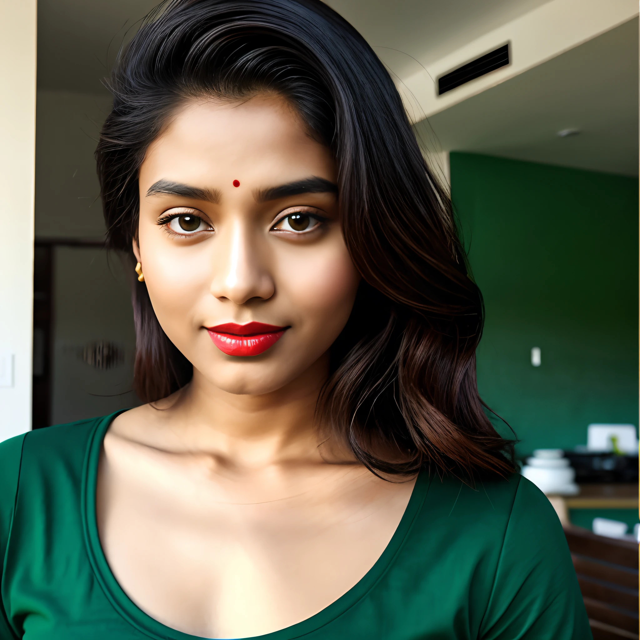 there is a woman with a green shirt and red lipstick, with accurate face, attractive girl, very beautiful girl, with lovely look, with cute - fine - face, assamese aesthetic, beuatiful face, girl next door innocent look, lovely woman, profile pic, indian girl with brown skin, with very thin lips, 18 years old