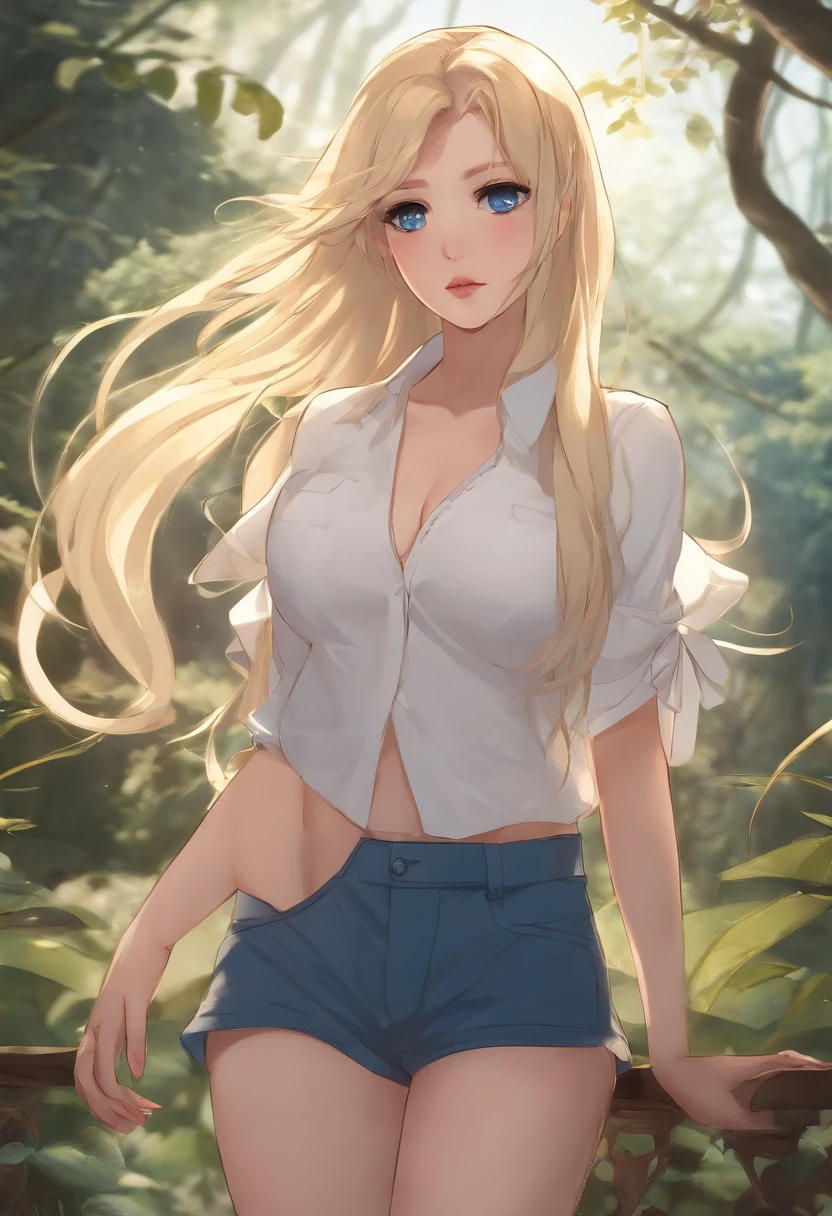 a young woman, white skin color, long blonde hair, black eyes, wearing white blouses with her belly showing, wearing blue shorts, beautiful body, anime style