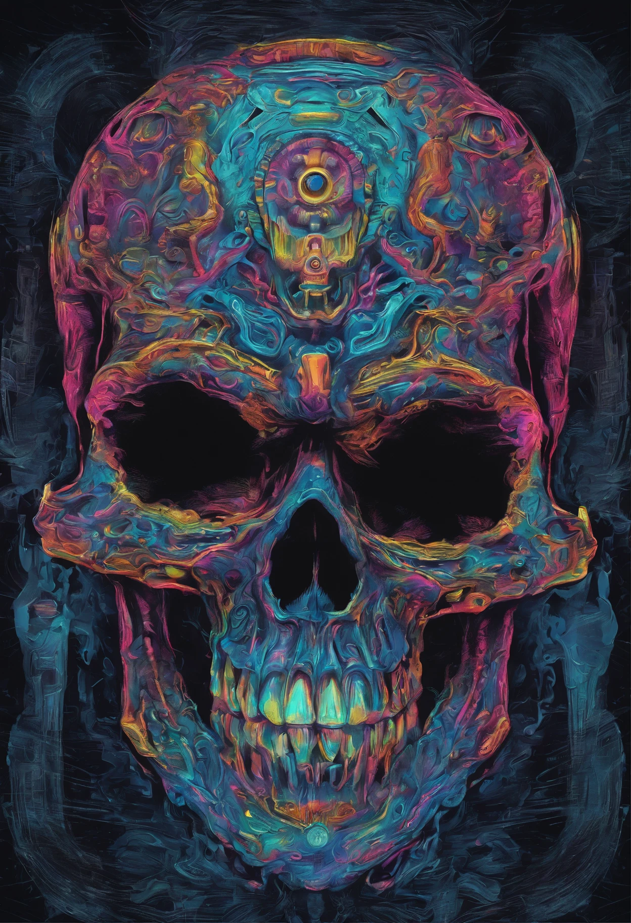 Close-up of a skull with an angry eye, Wikinger-Symbole, Impact on the skull, Broken teeth, Fantasy Skull, Frighteningly colorful detail drawing, gruselige bunte kunst 8k, Holy Skull, Psychedelic Hintergrundbeschwörung, Detaillierte digitale Kunst, Textur, Sacred skulls , Psychedelische Illustration, Textured skull, Face of the skull, Todesschädel, gruselige bunte Kunst, Psychedelischer Kunststil