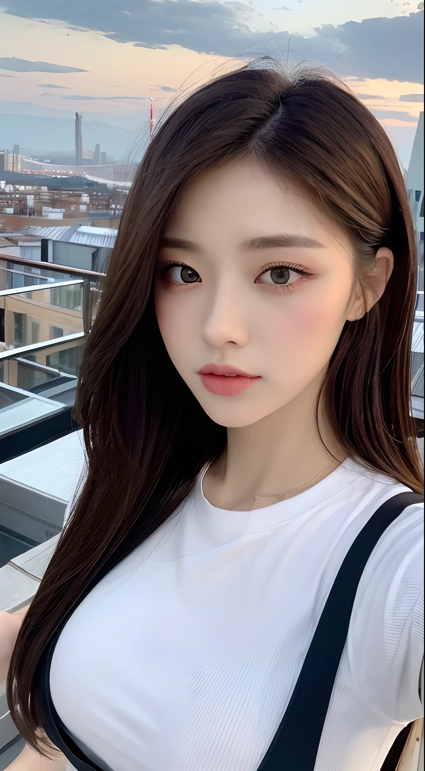 ((Midnight, Best quality, 8k, Masterpiece :1.3)), Whole body, Long legs, Sharp focus :1.2, A pretty woman with perfect figure :1.4, Slender abs :1.1, ((Dark brown hair, Big breasts :1.2)), (White tight tshirt, Jean bib, Standing:1.2), ((Night city view, Rooftop:1.3)), Highly detailed face and skin texture, Detailed eyes, Double eyelid